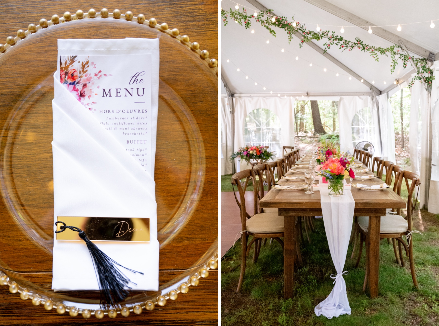 wedding reception featuring long wood tables and gold accent plates with brightly colored centerpieces