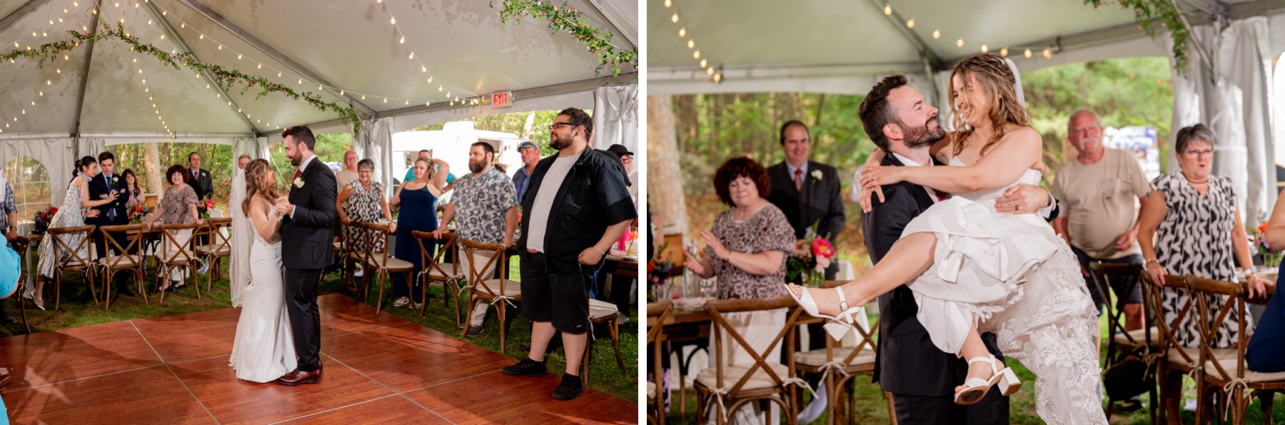 bride and groom doing their first dance while guests watch