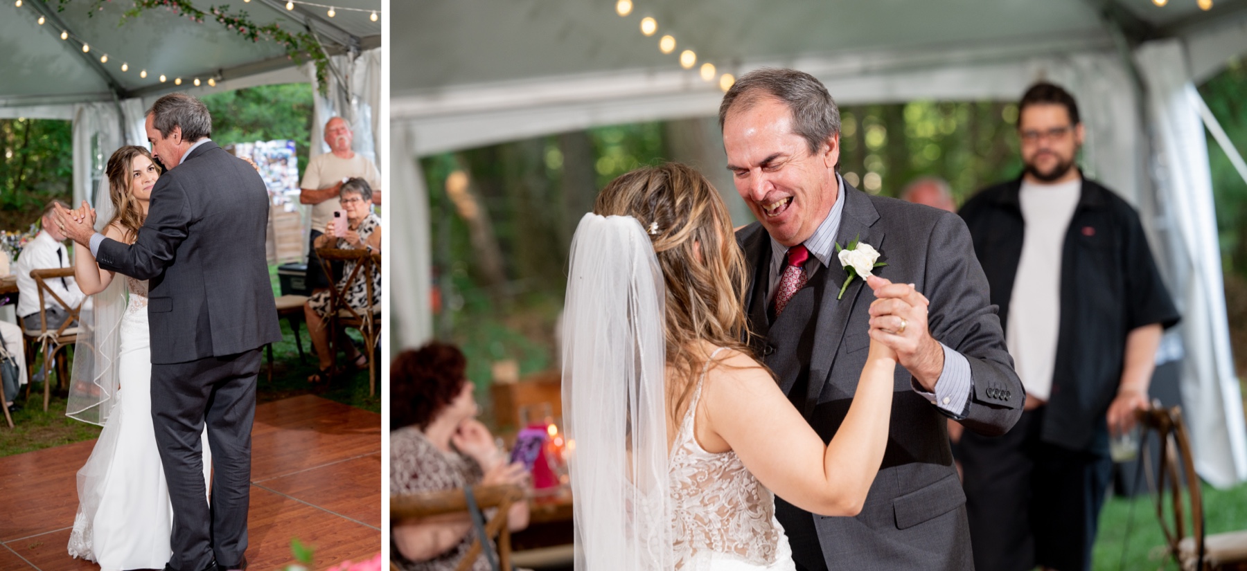 bride dances with her father who wears a grey suit