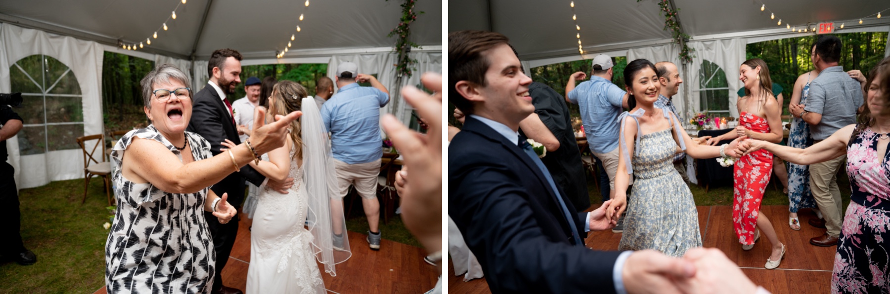 wedding guests dance under a light filled tent