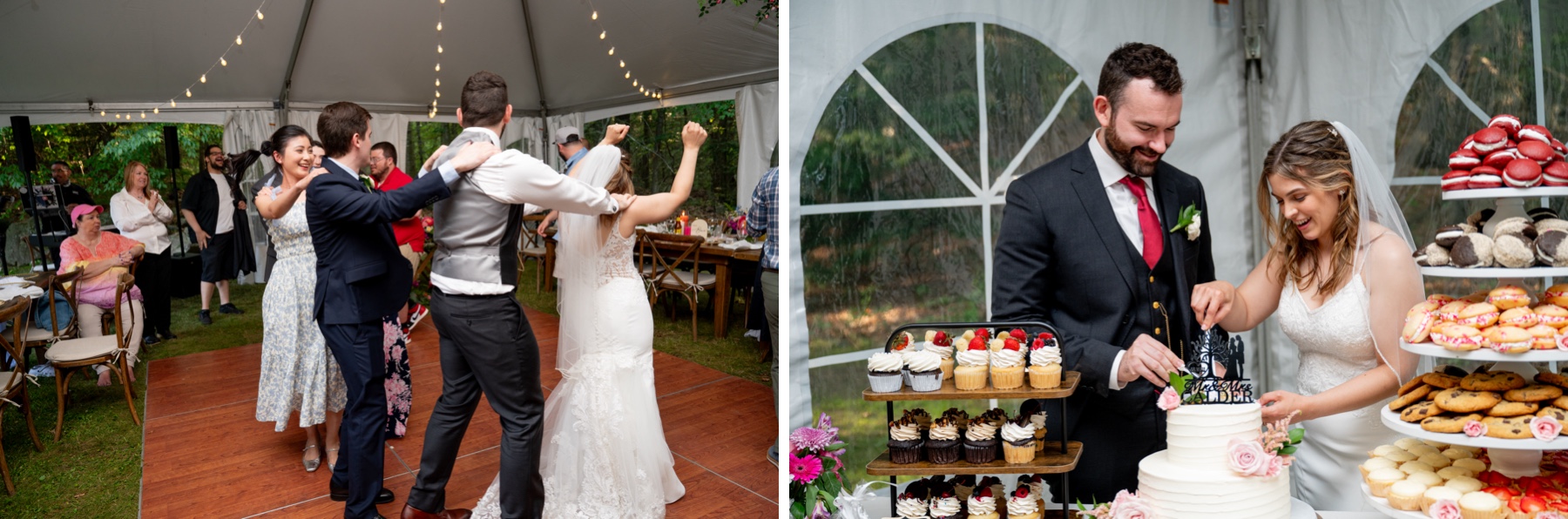 bride and groom dance with guests and cut their wedding cake