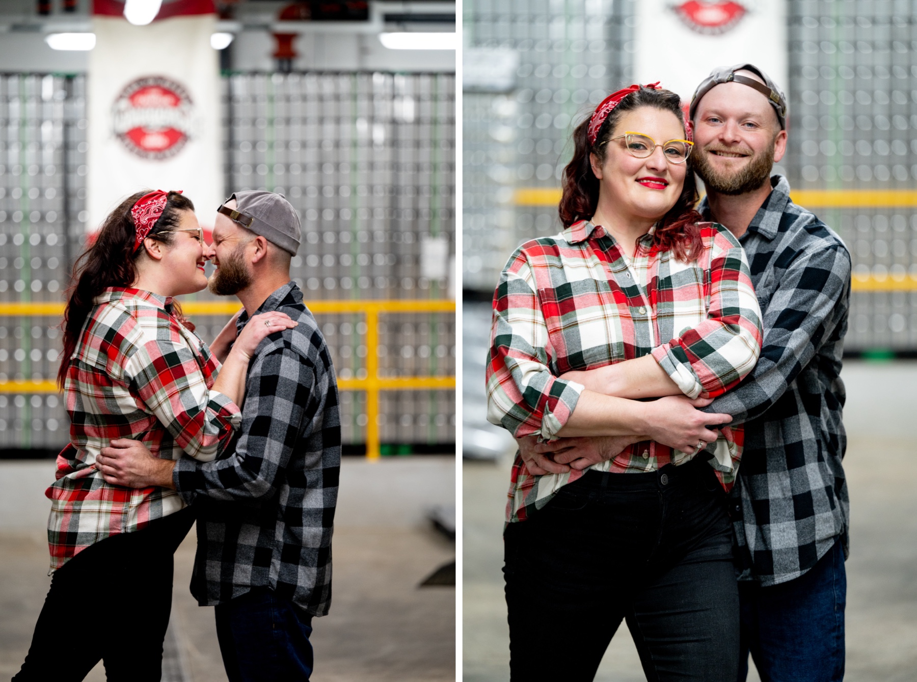 couple embracing and smiling at the camera standing in brewery