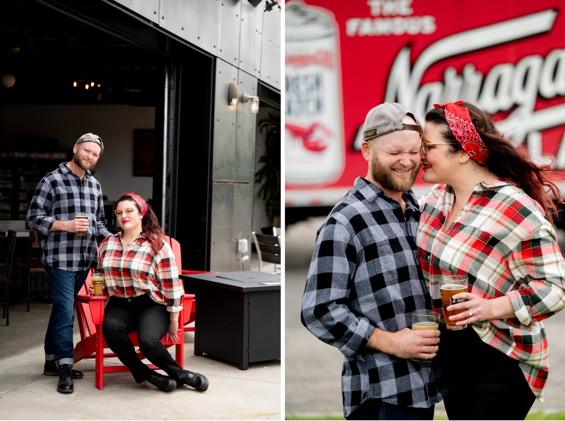couple posing in front of narragansett brewery 