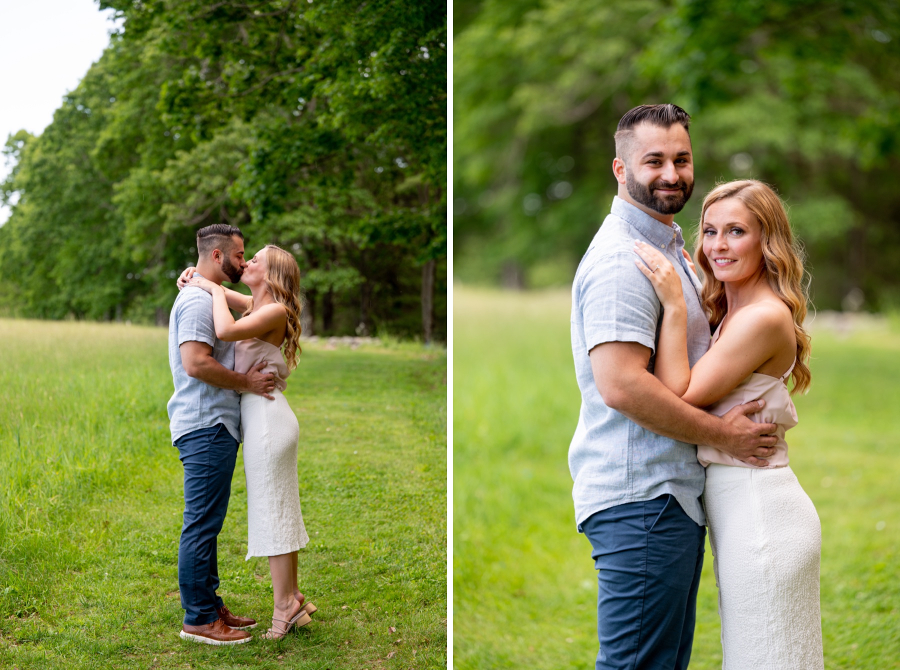 man and woman kissing and embracing in a field of green grass at moore state park