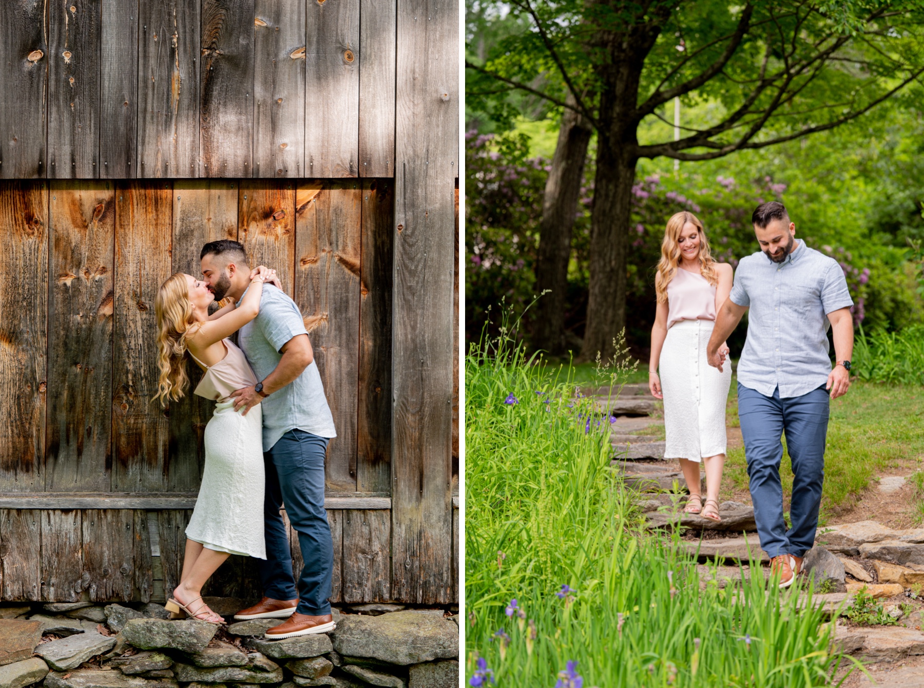 couple kissing in front of old wood barn and walking down stone steps at moore state park