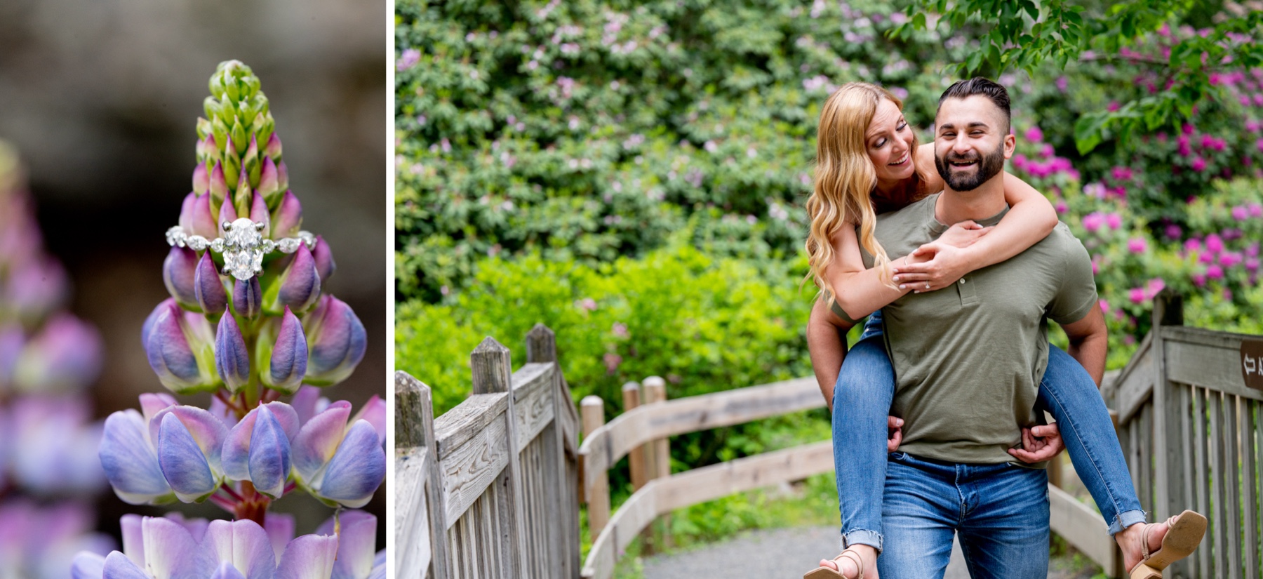 man carrying his fiance on his back during engagement session 