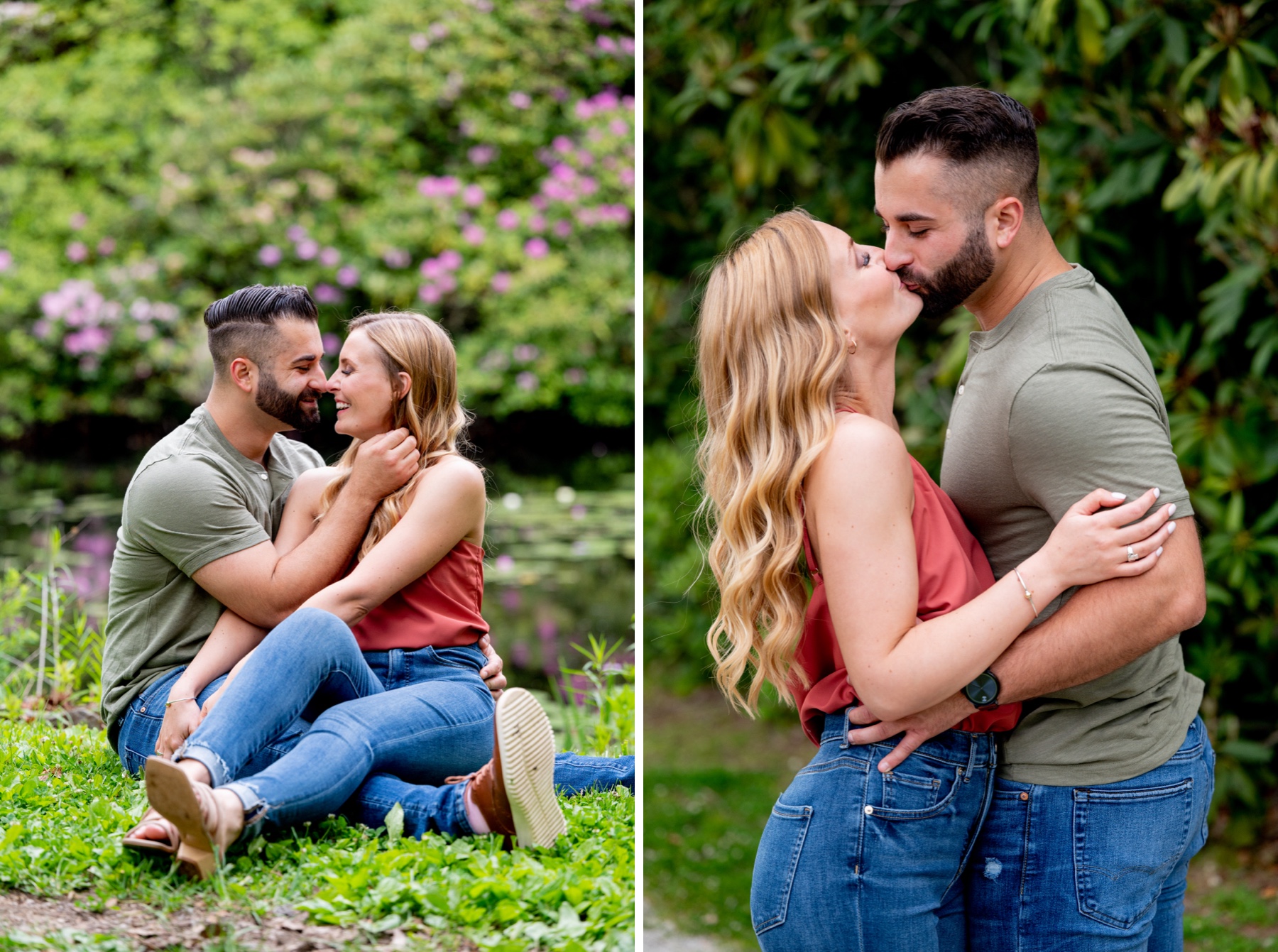 couple sitting on green grass kissing