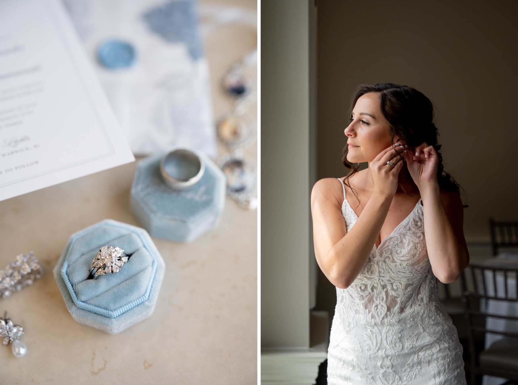 detail shot of wedding ring in blue velvet box and bride putting on earrings 