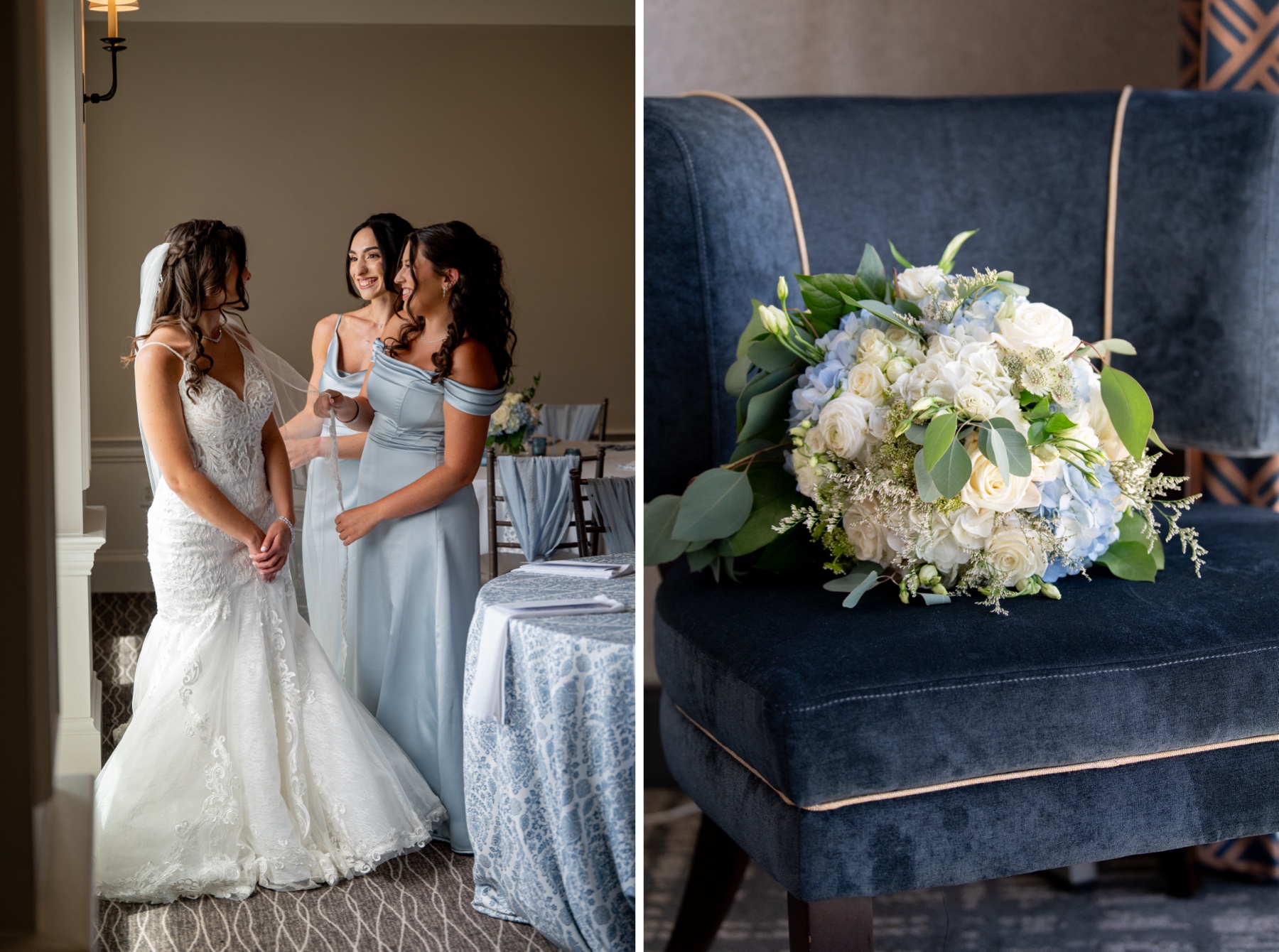 bridesmaids wearing light blue dresses helping bride put on her veil
