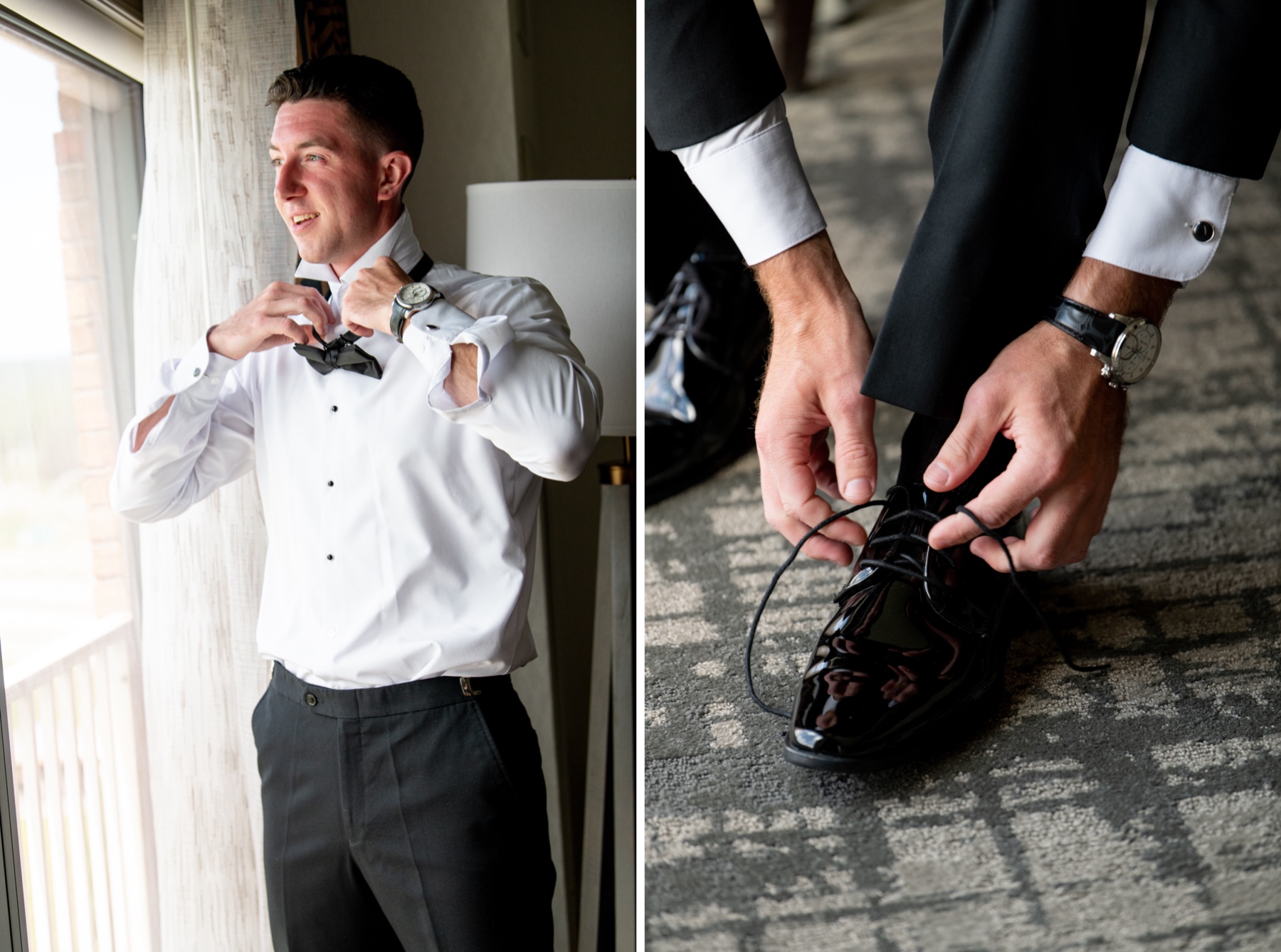 groom putting on bowtie and tying his wedding shoes