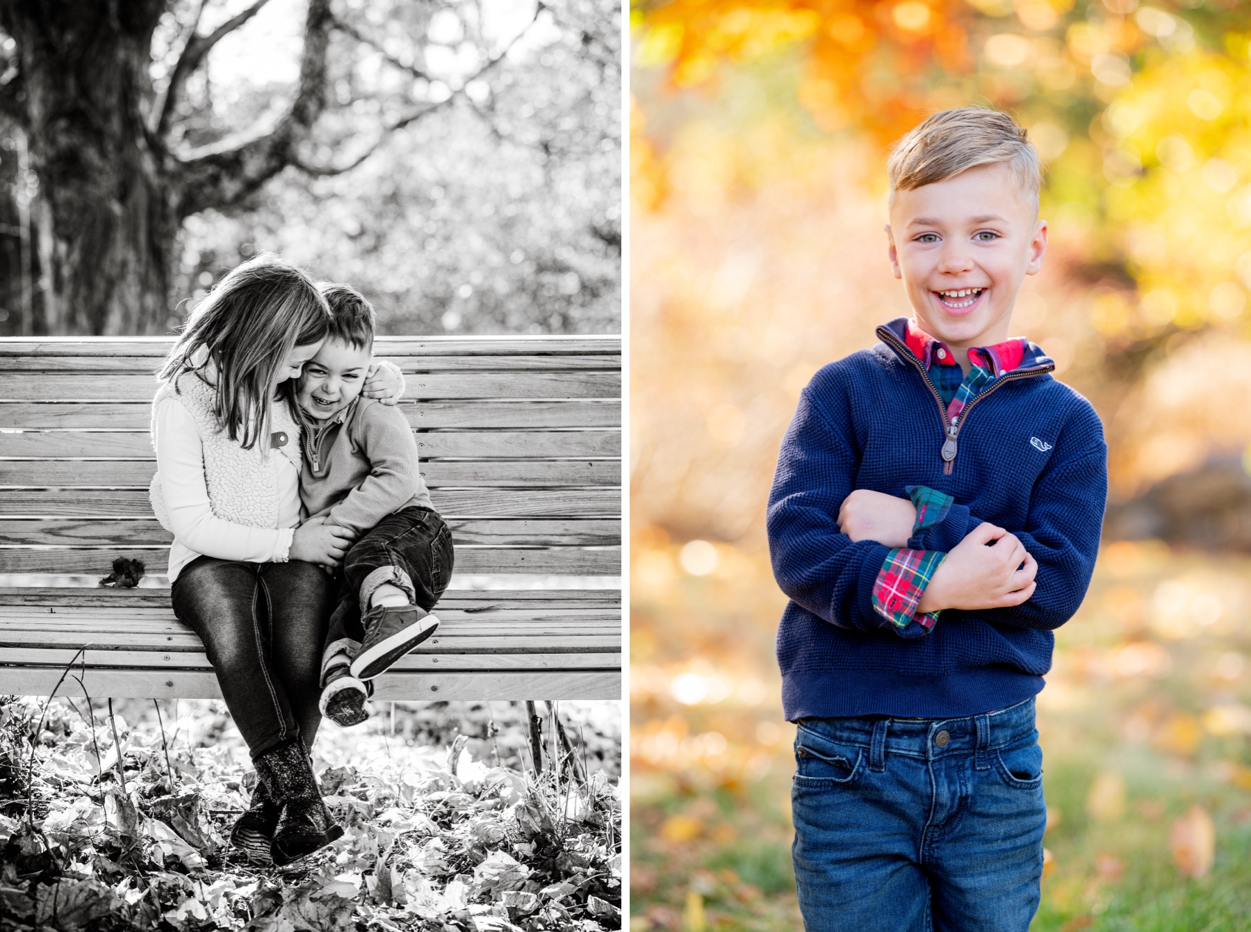 kids hugging on a bunch for fall portraits 