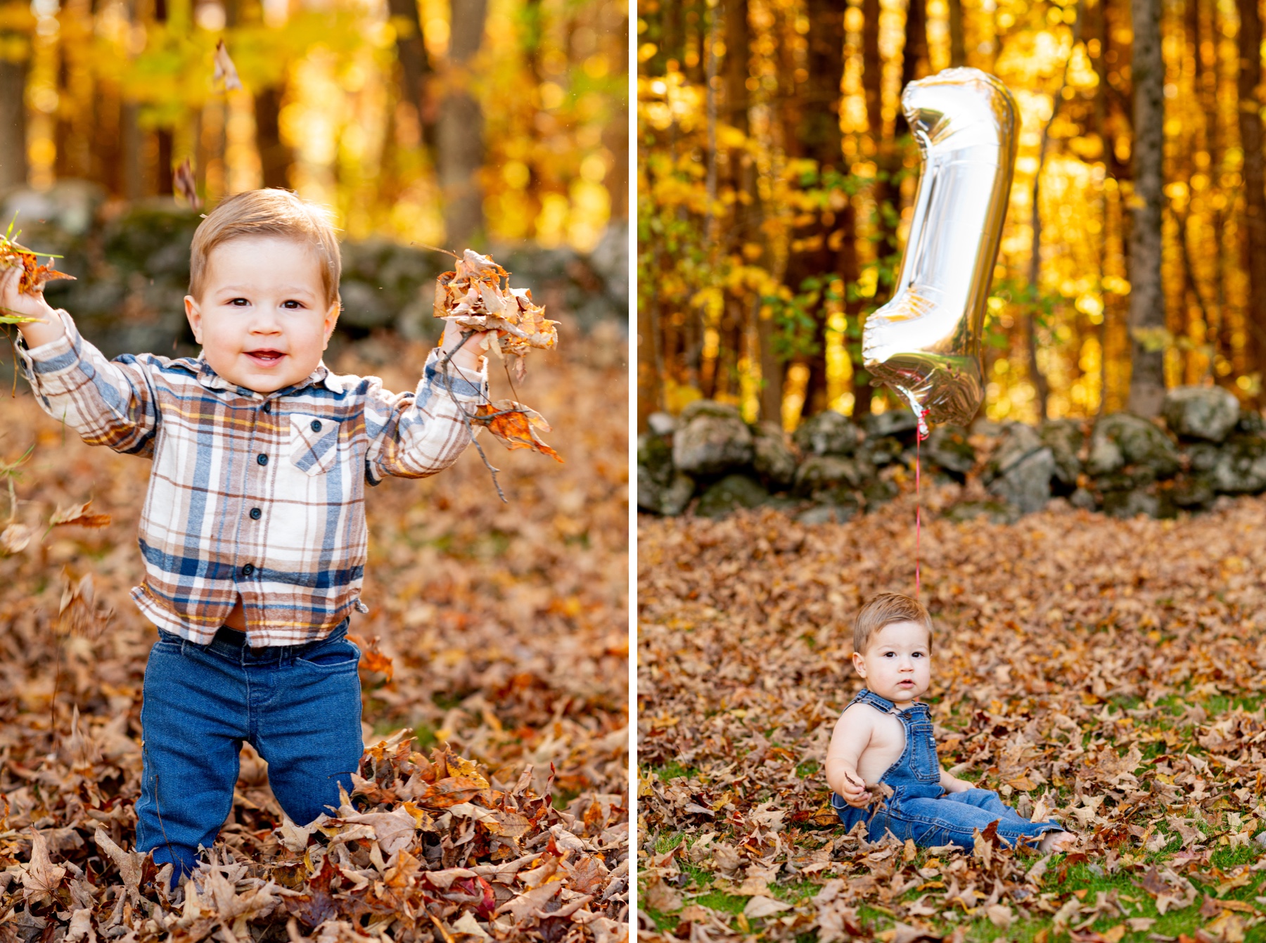 young toddler boy playing with orange leaves