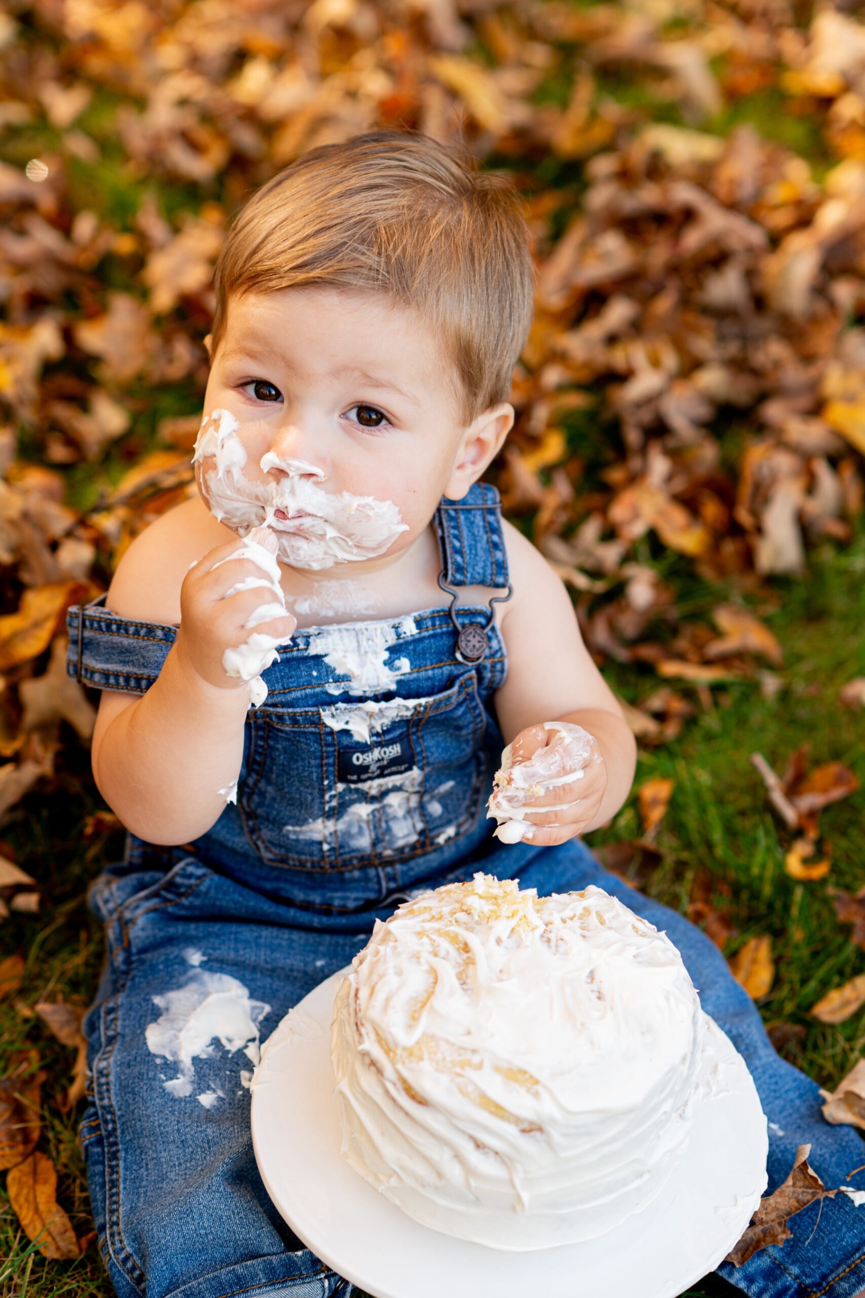 young boy smashing a white cake sitting on fall leaves 