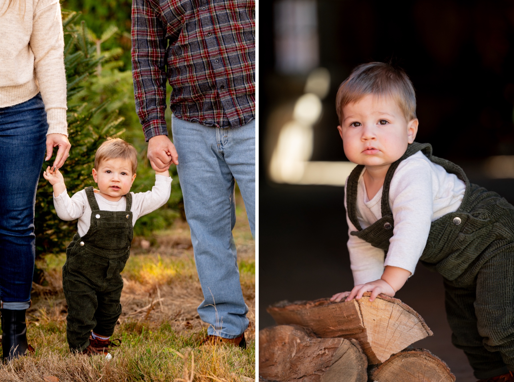 young boy wearing dark green overalls 