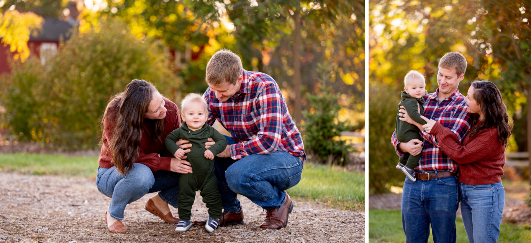 family of three posing at the camera for fall family photos