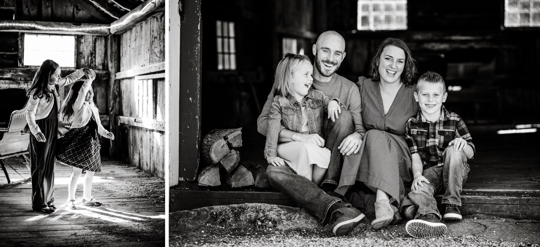 two girls dancing in a wooden barn for holiday family portraits