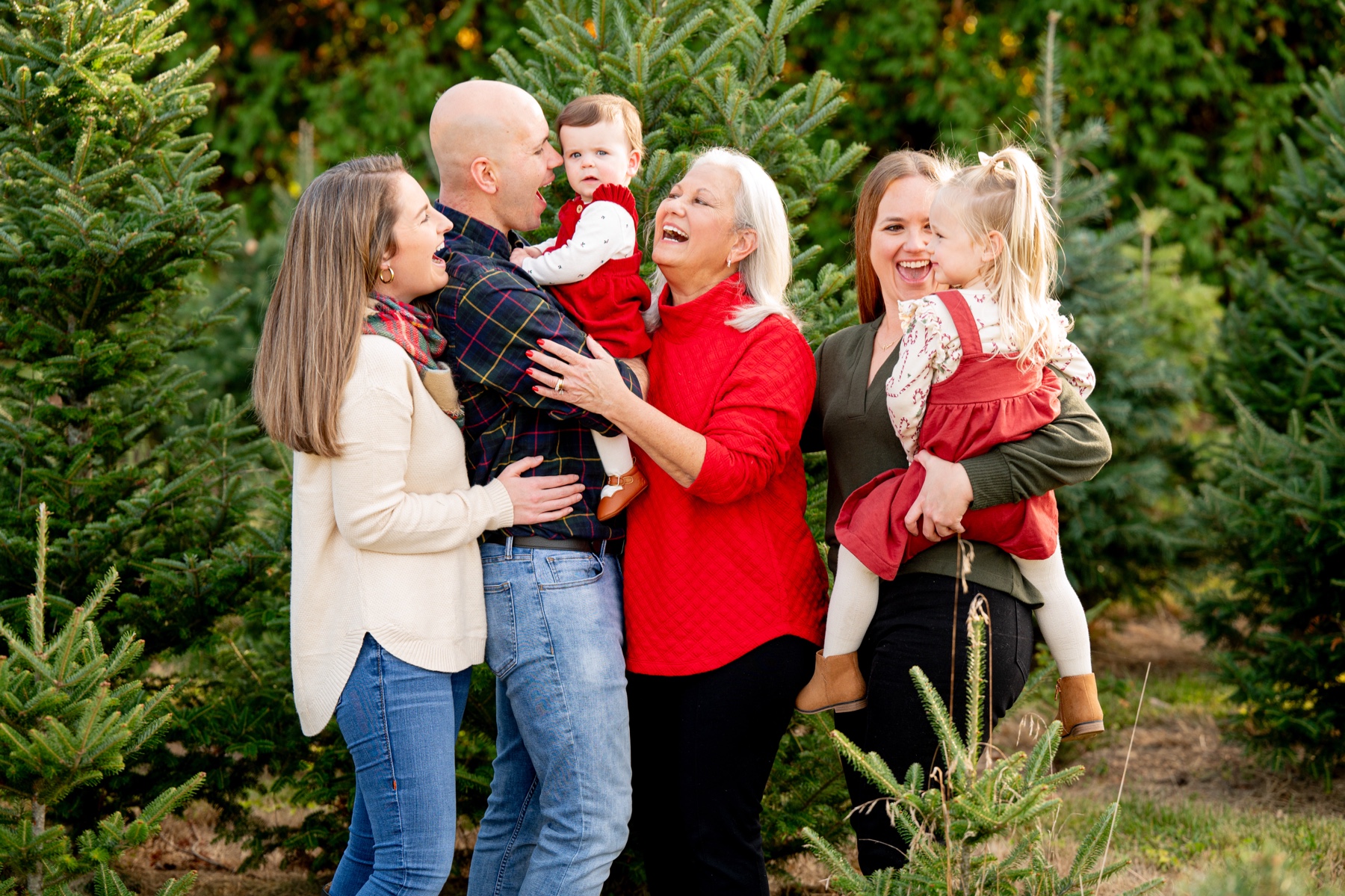 family of six wearing red and green outfits standing in front of pine trees for holiday family portraits