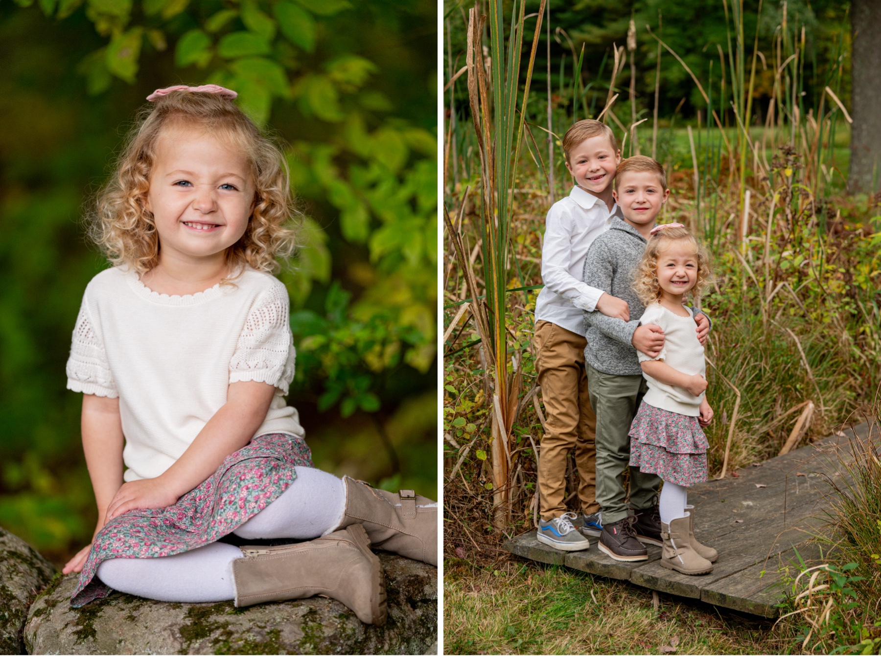 children stand on a wood boardwalk for a family session