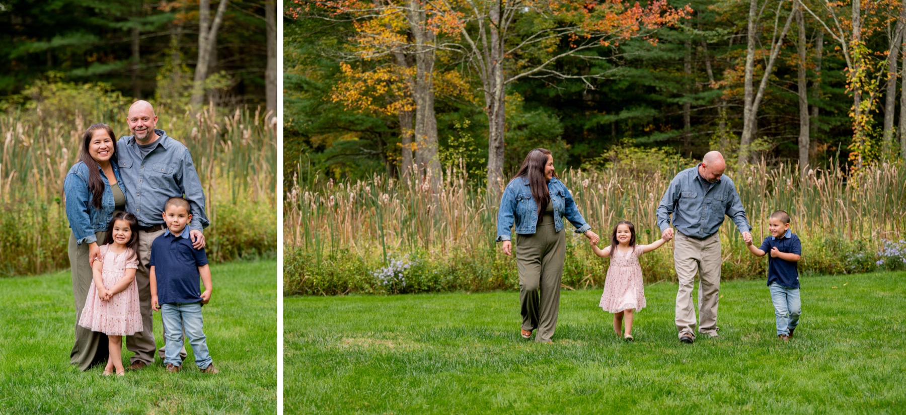 family with 2 small children standing and walking through green yard