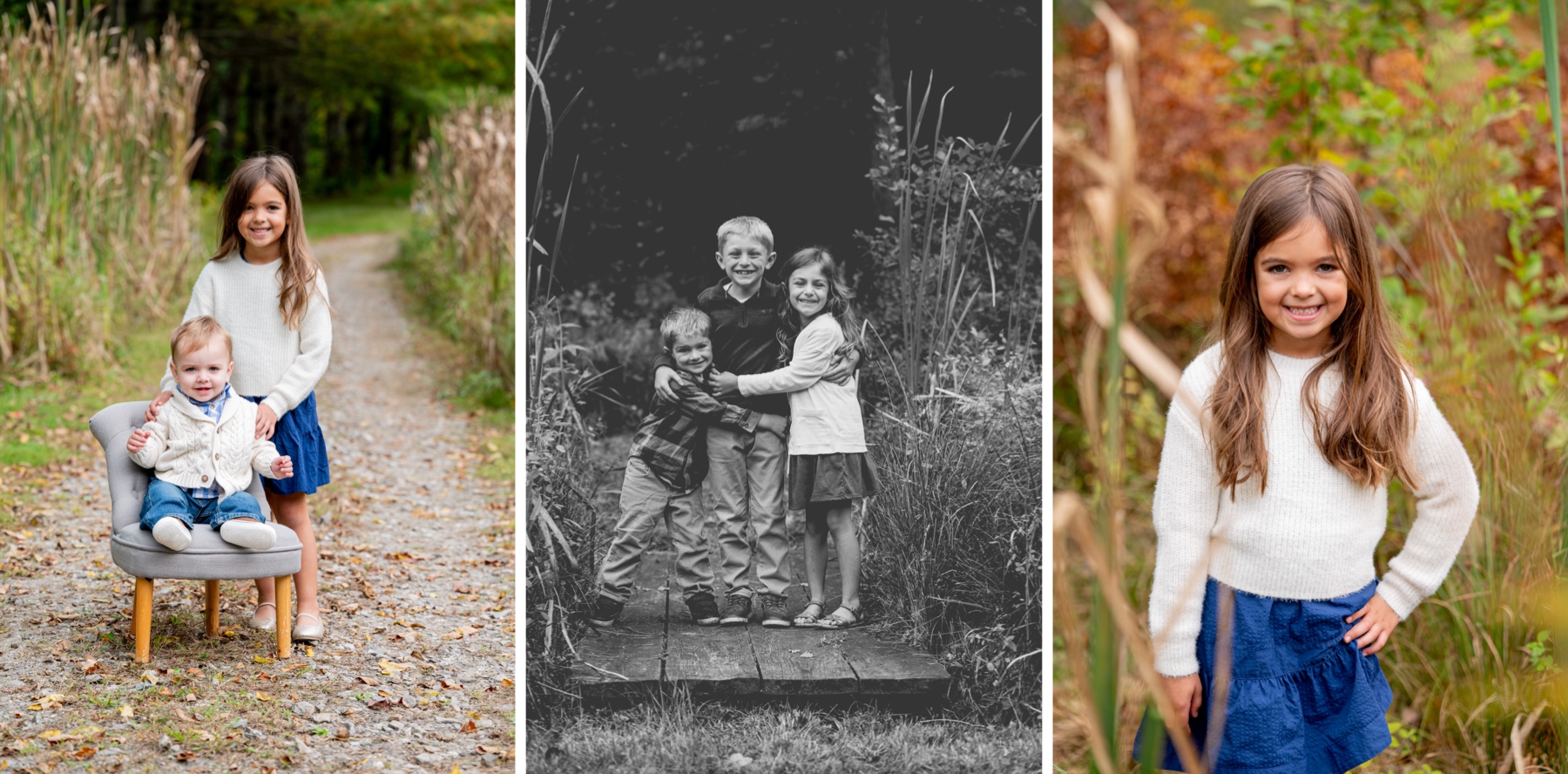 children sitting and standing in various photos during Sterling MA backyard family sessions
