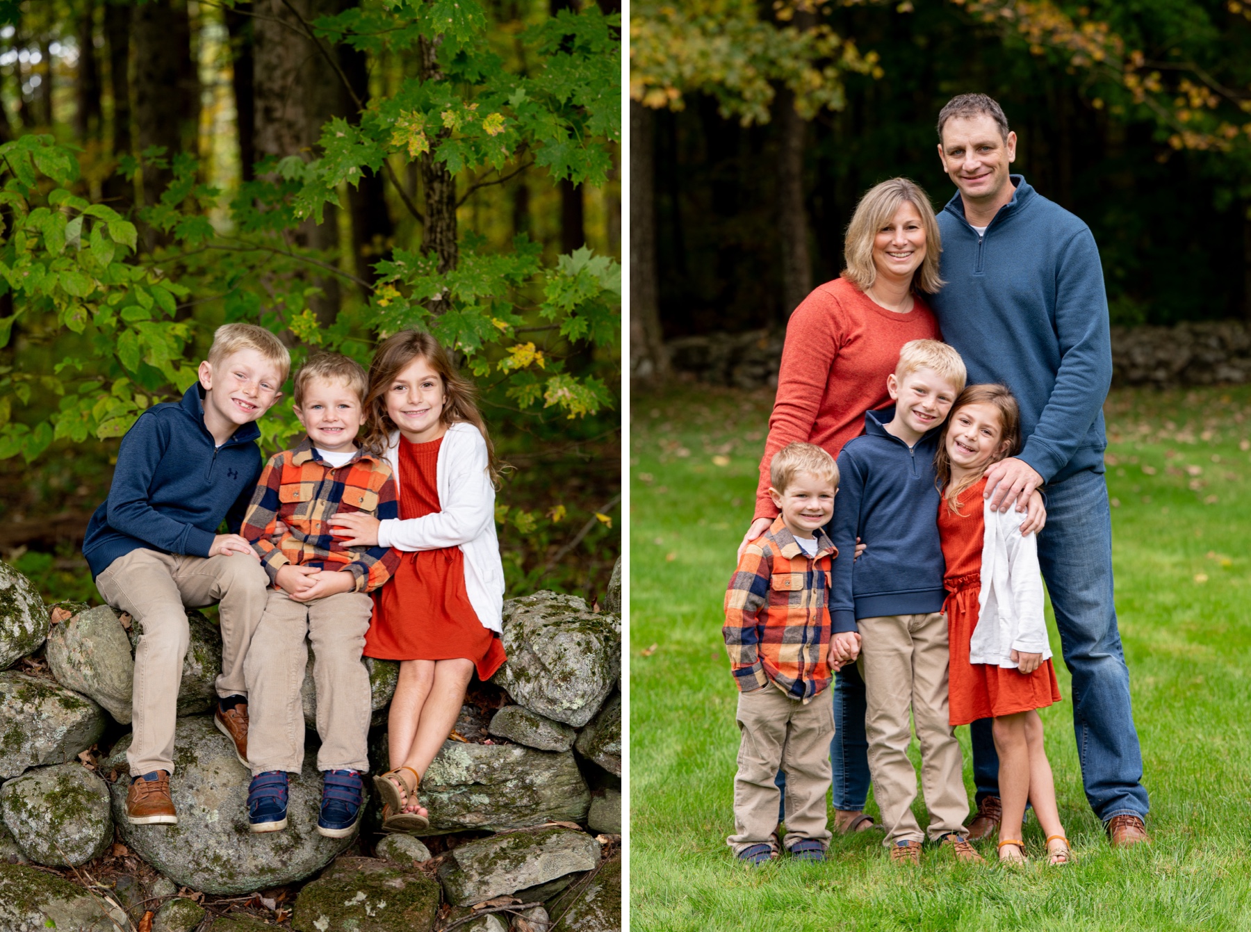 three kids sit on a stone walls wearing red and orange and blue and stand with their parents in a grassy field