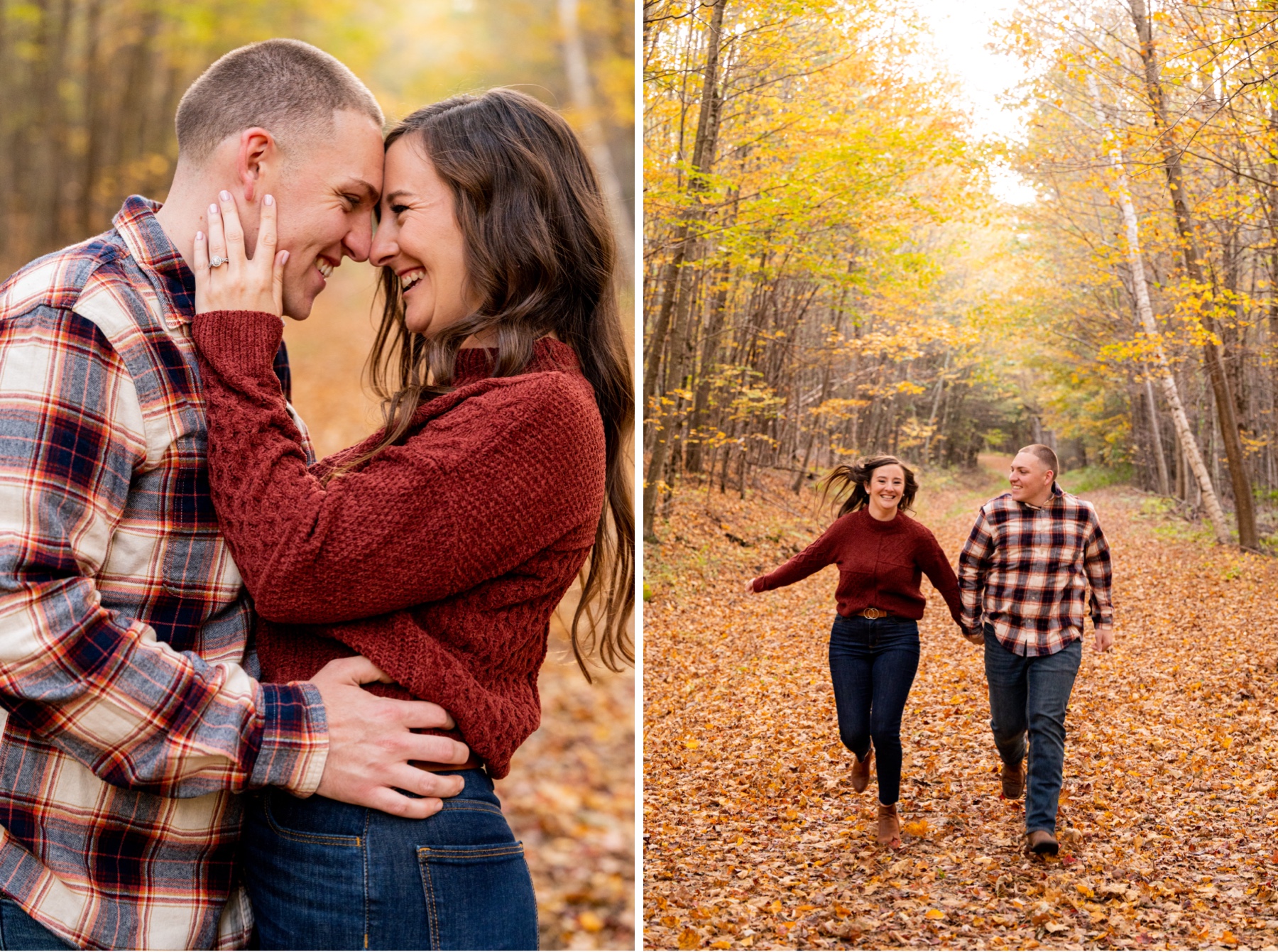 a young couple poses for an engagement session surrounded by fall foliage 