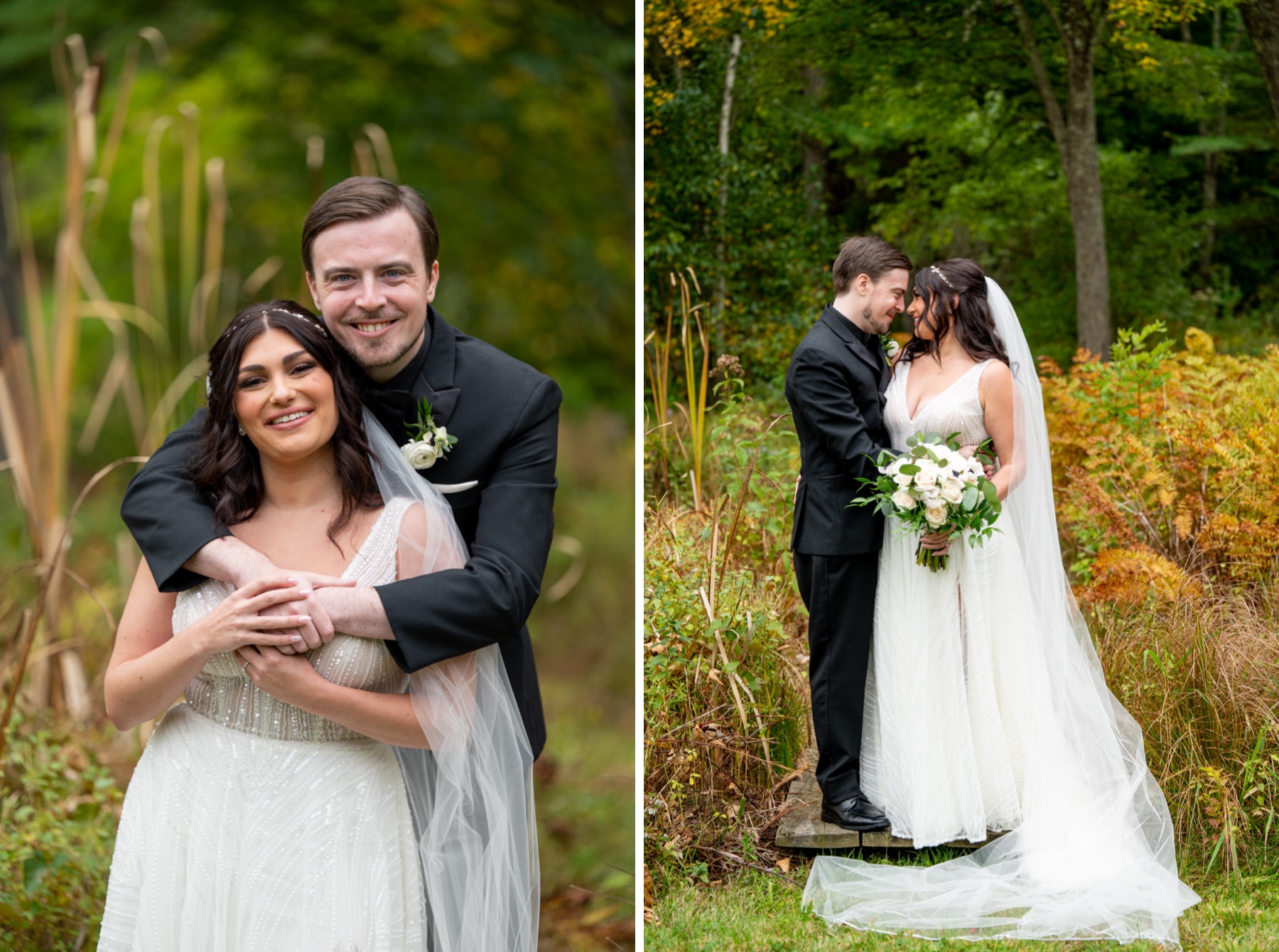 bride and groom pose for wedding portraits around woodsy backyard
