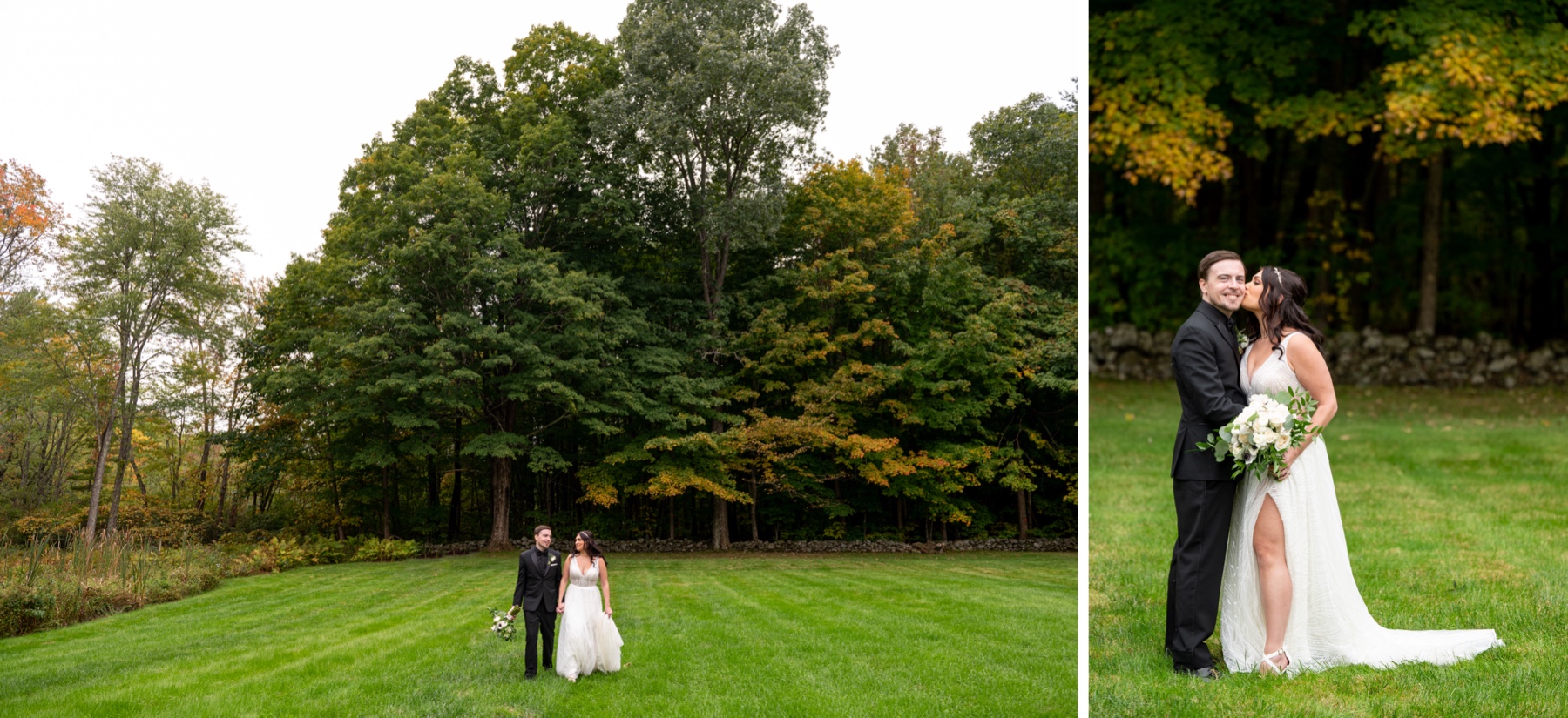 bride & groom walking across large backyard in sterling ma