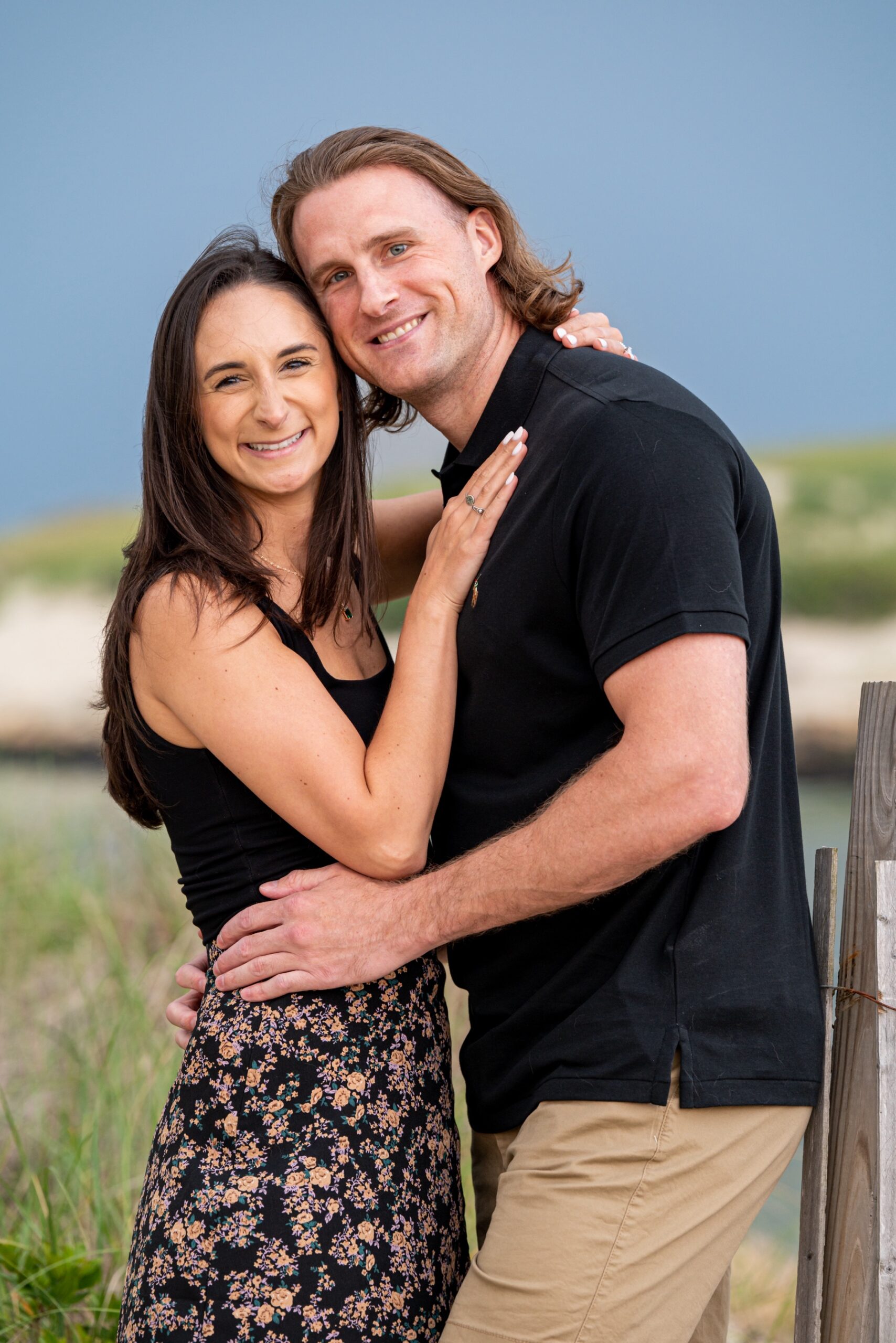 bride & groom hugging during cape cod engagement session