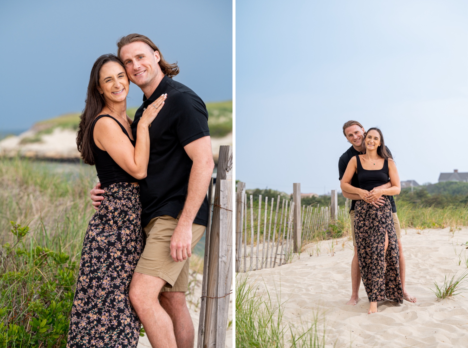 man wearing black polo and shorts and girl wearing black and floral dress posing for engagement photos on the beach