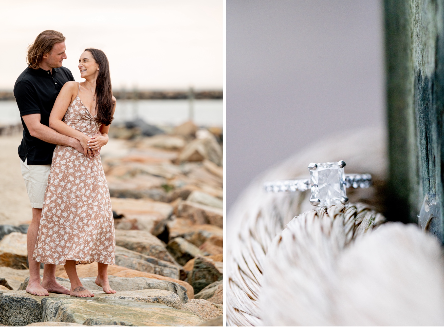 couple standing on the rock jetty during a cape cod engagement session