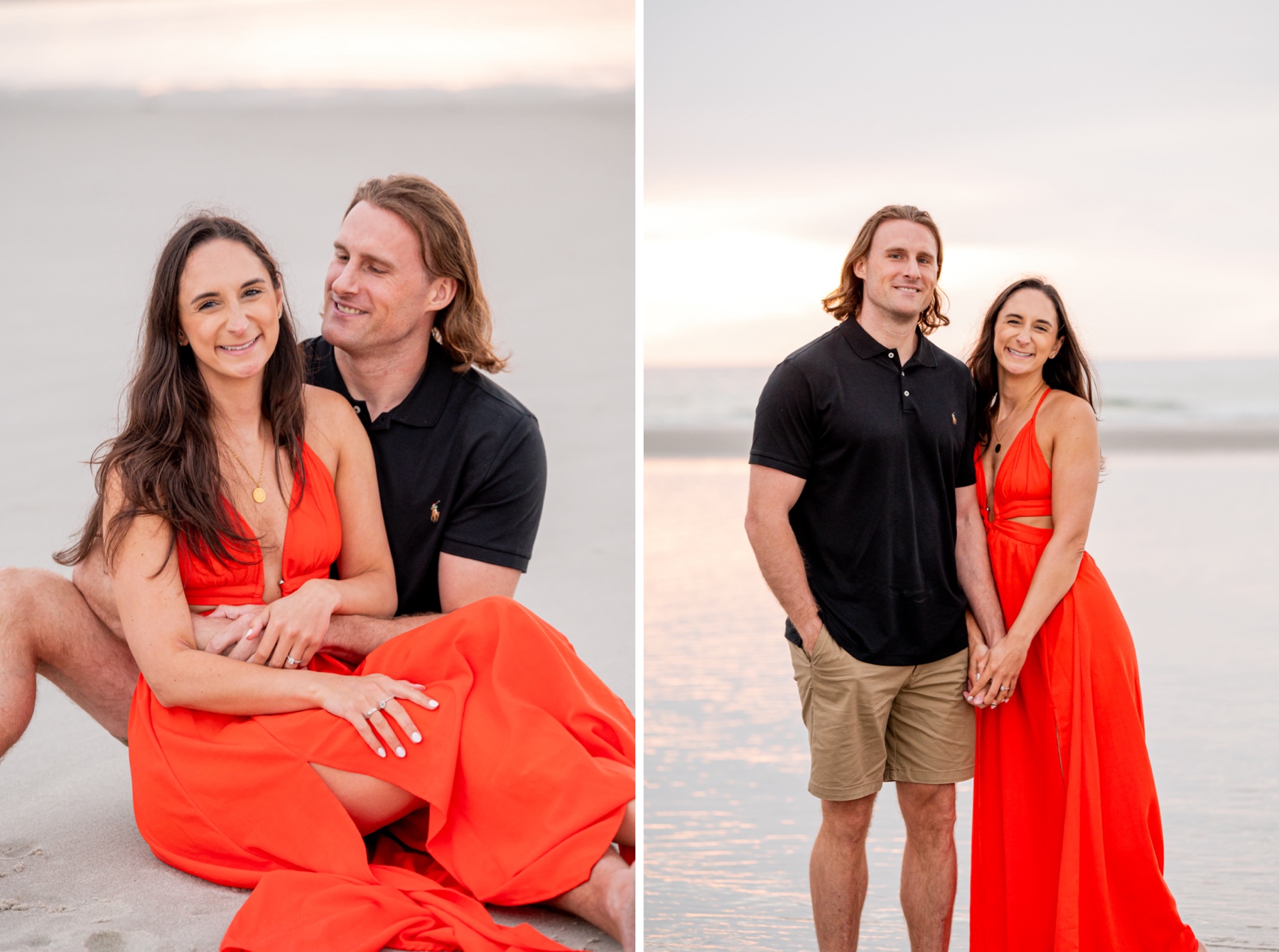 girl wearing bright orange dress and man wearing black polo pose for the camera