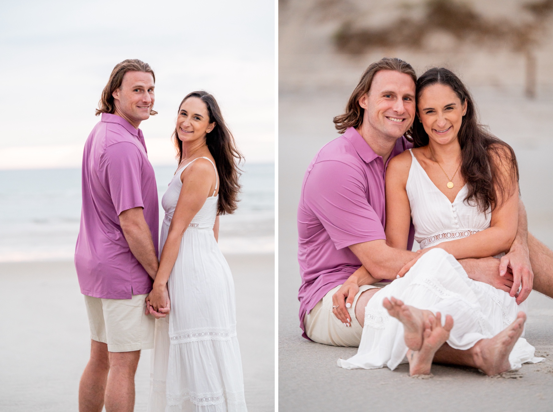 man wearing purple polo and khaki shorts and girl wearing white dress walk along the beach