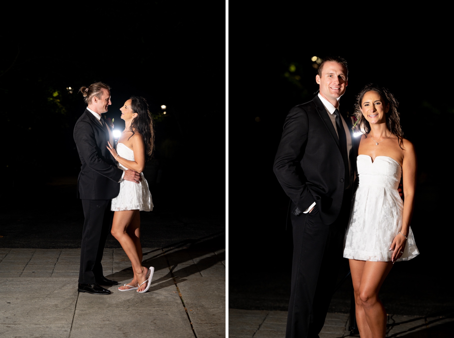 bride wearing a short party dress standing with her groom after their wedding reception