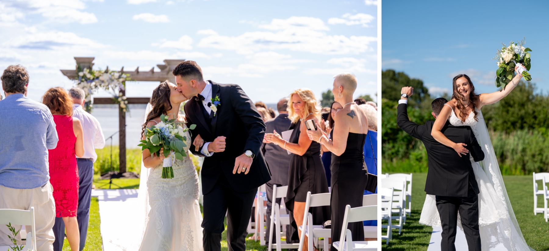 bride and groom kissing and walking back up the wedding aisle 