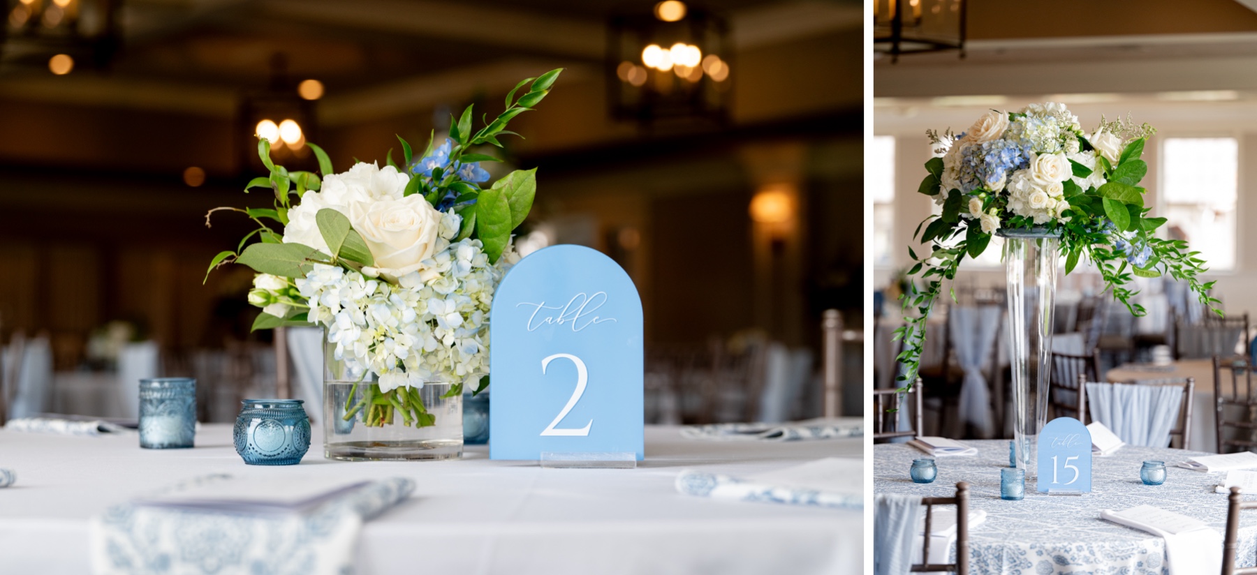 harbor lights wedding reception featuring light blue and white flowers and decor