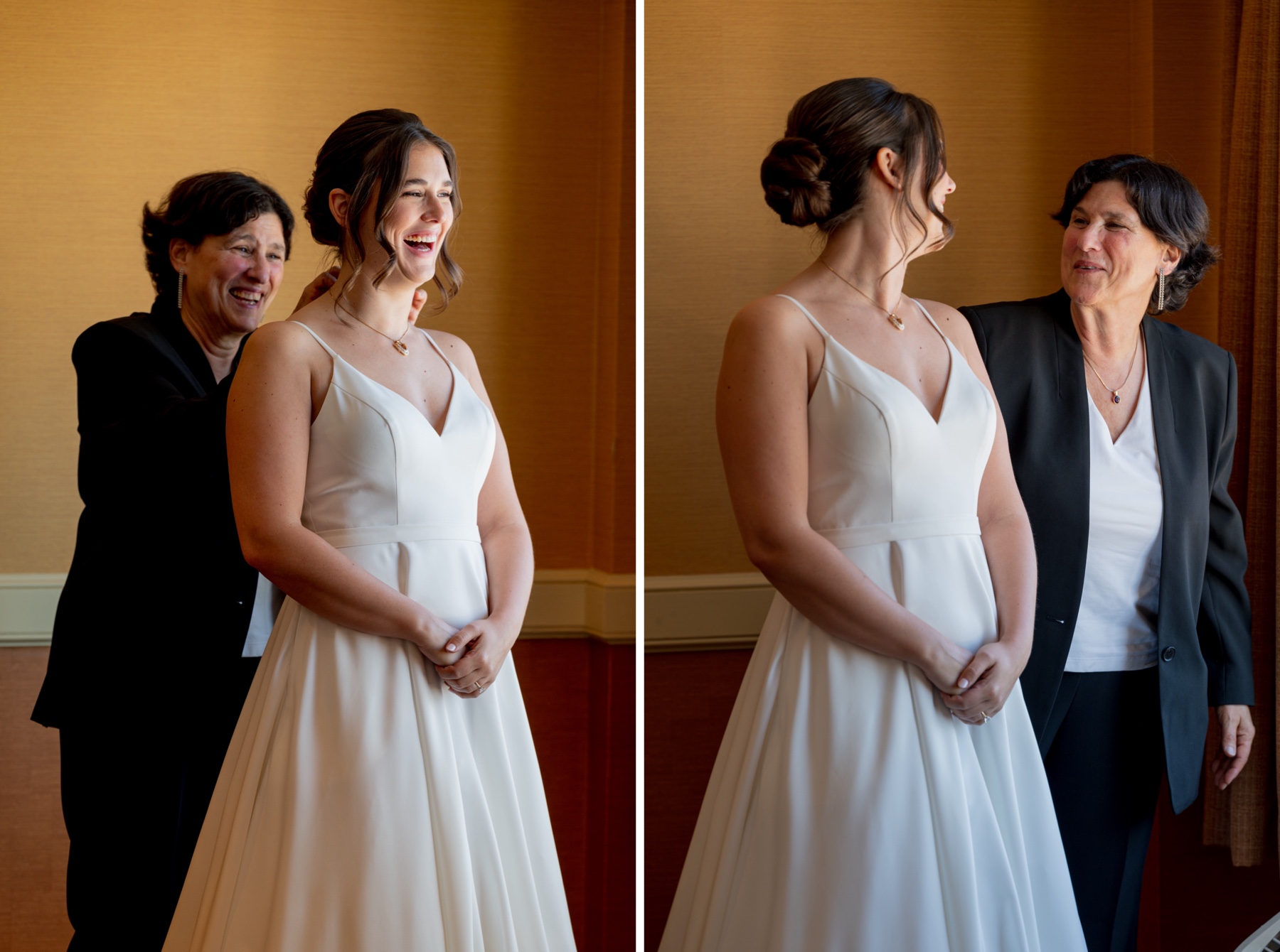 bride's mom helping her put on wedding dress