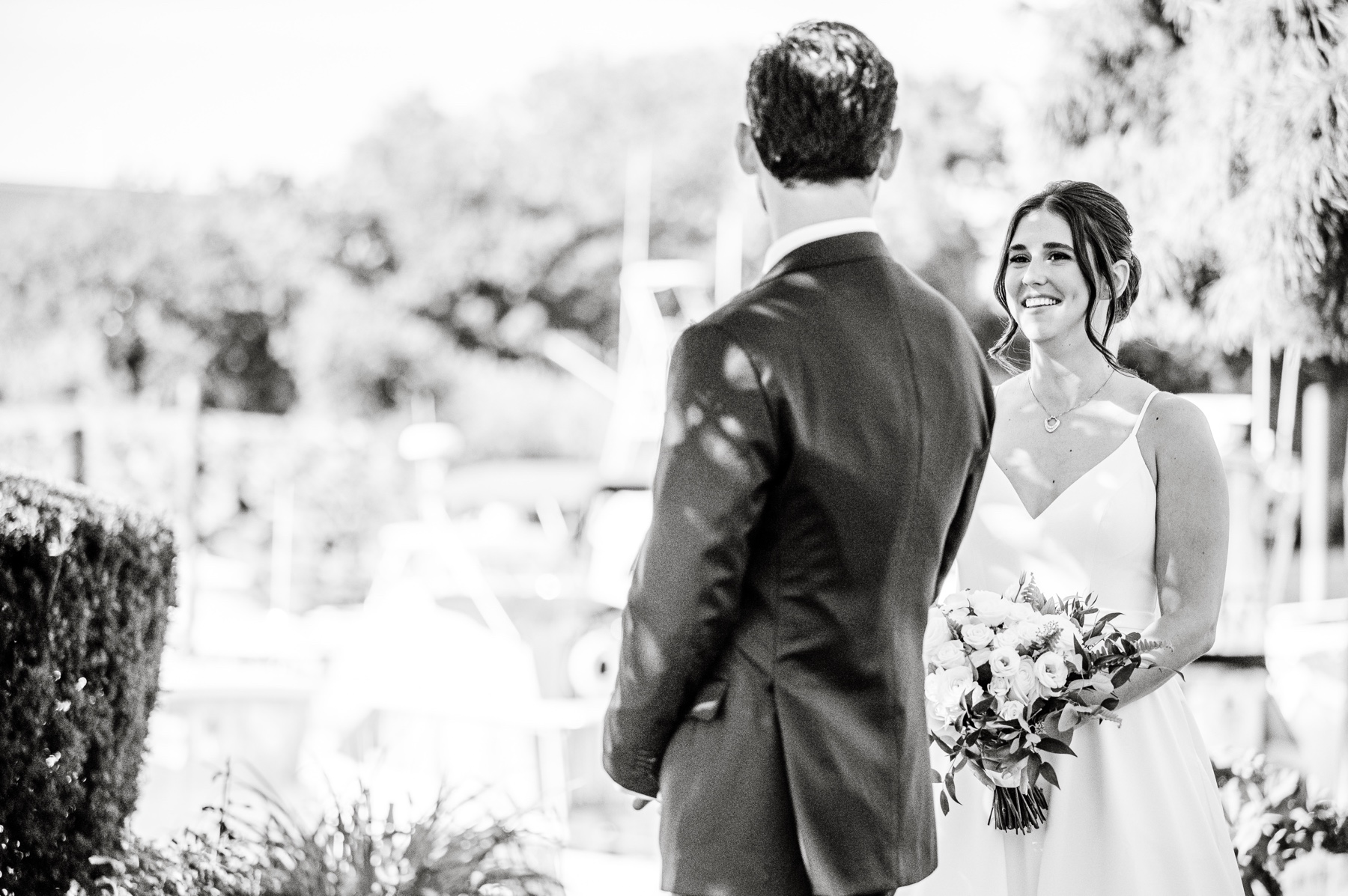 bride and groom during their first look at Terrace Ballroom at Danversport