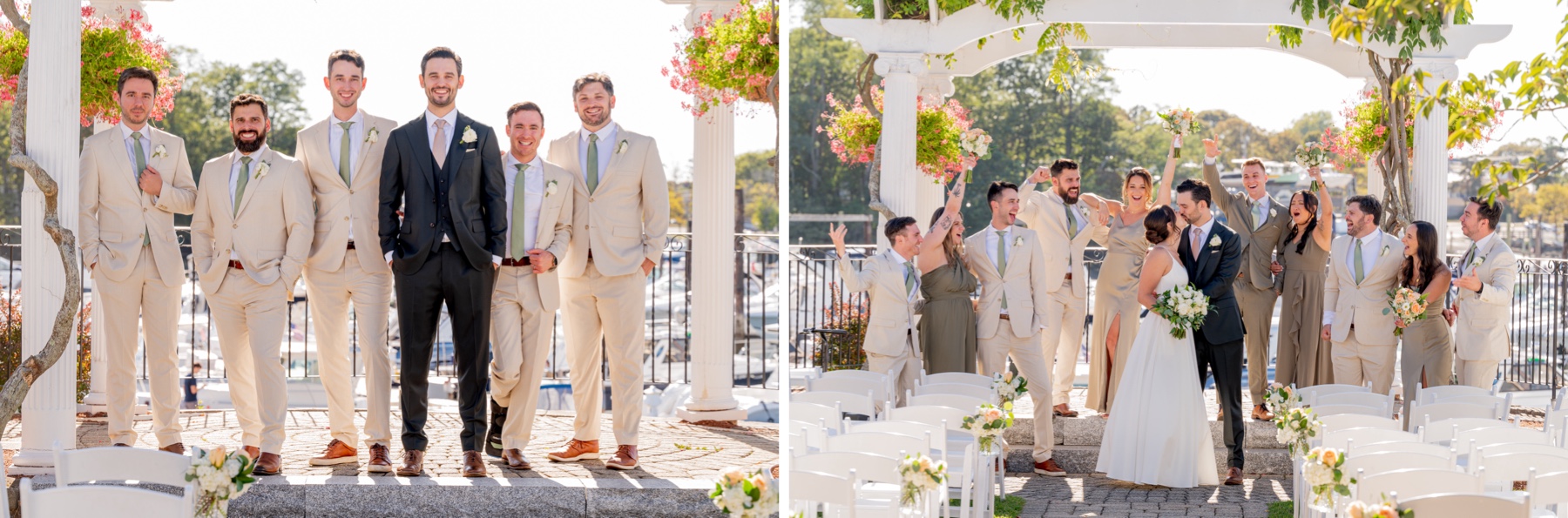 bride and groom with wedding party before their wedding ceremony outside