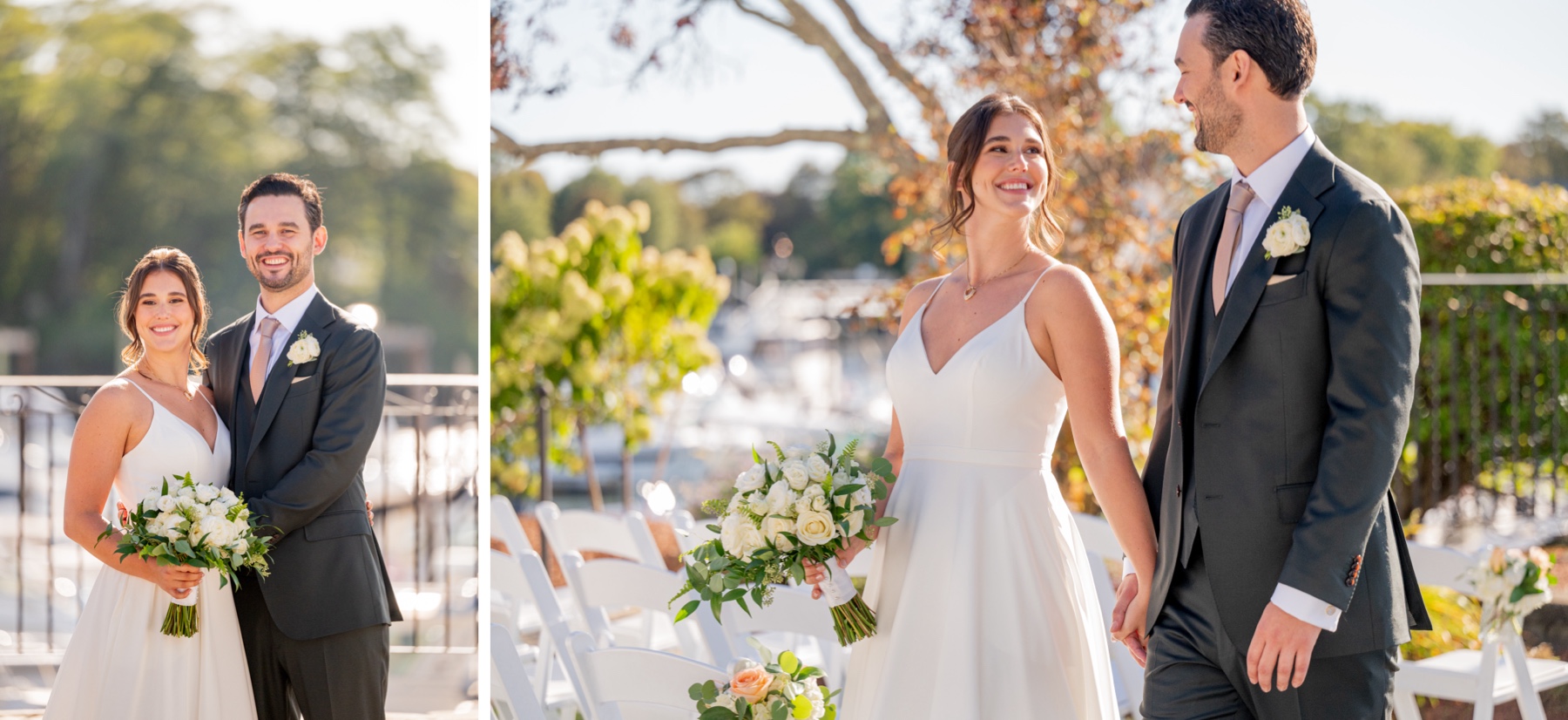 bride and groom smiling before their wedding ceremony outside