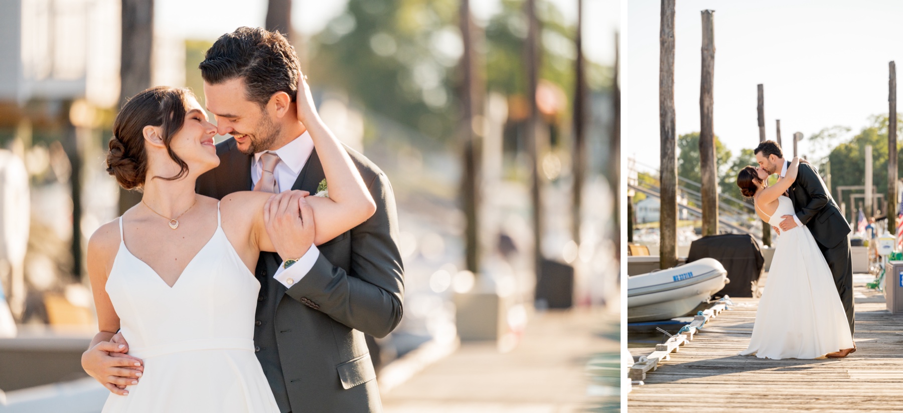bride and groom kissing along the dock surrounded by boats 