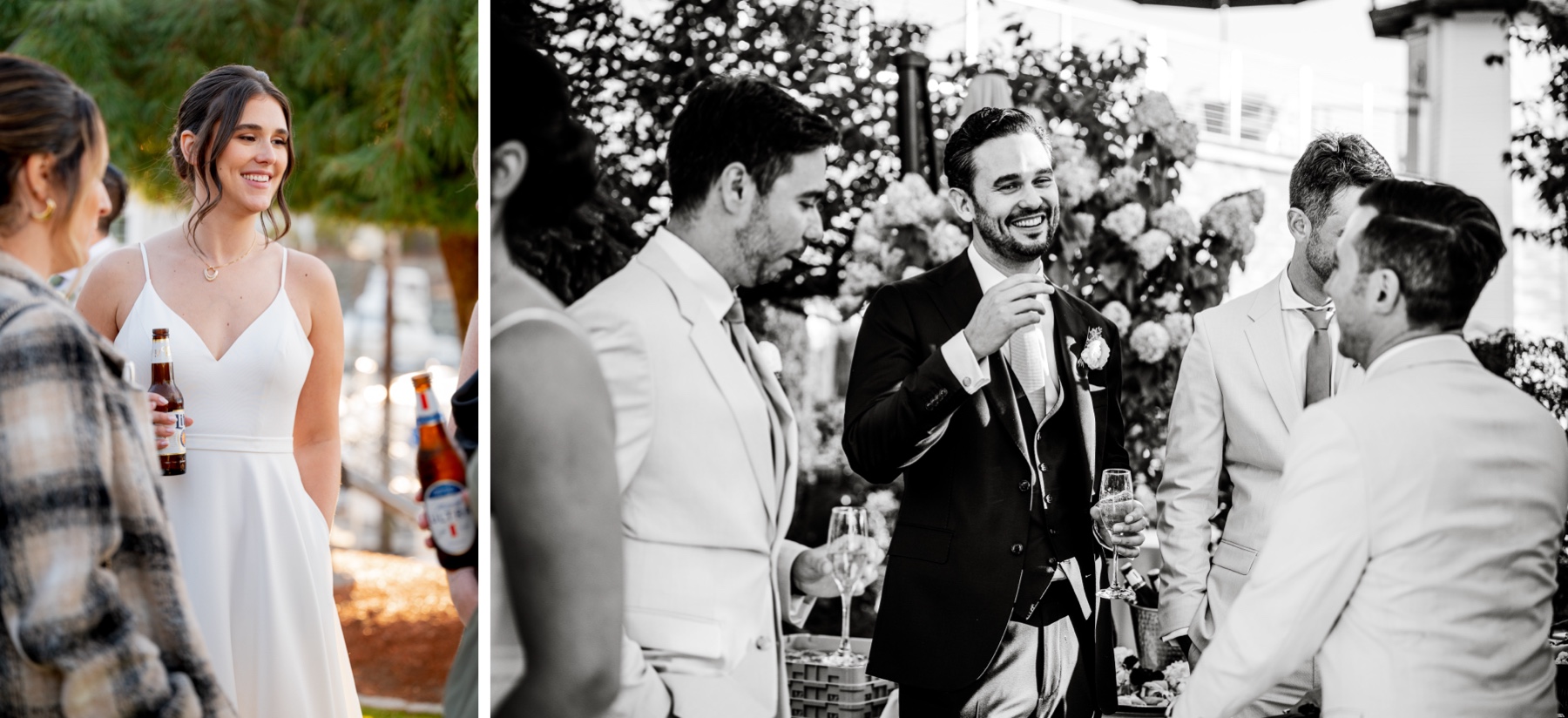 bride and groom chatting with wedding guests during cocktail hour 