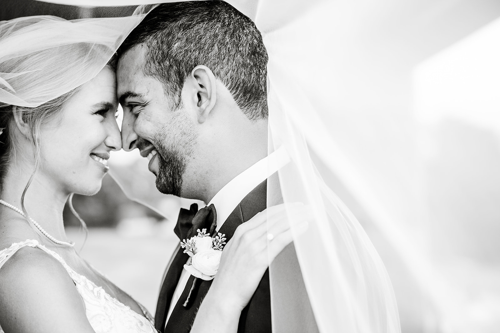 bride and groom with veil prominent in photo