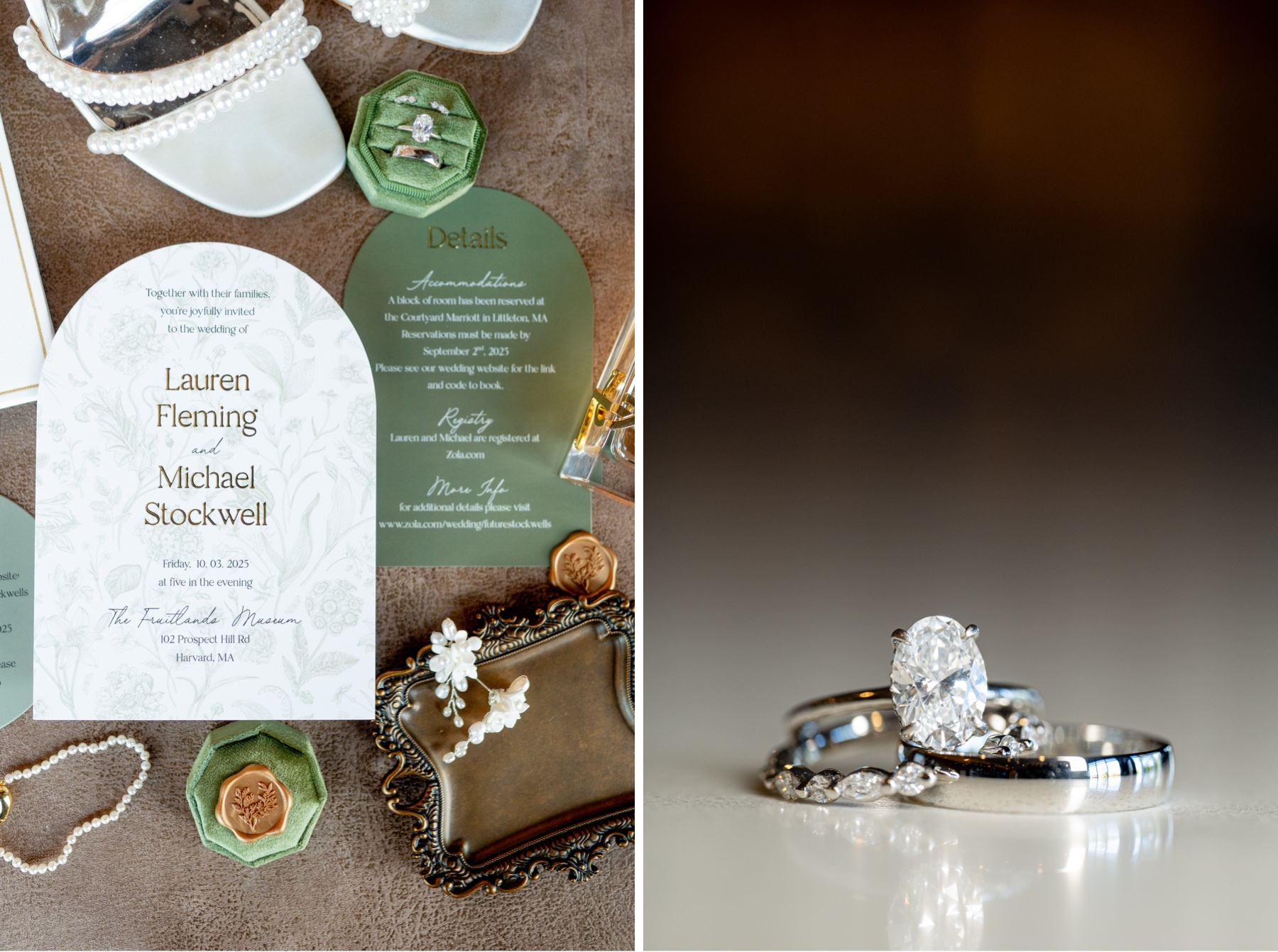 Two photos - one close up of invitation with bridal accessories and the second close up of brides rings