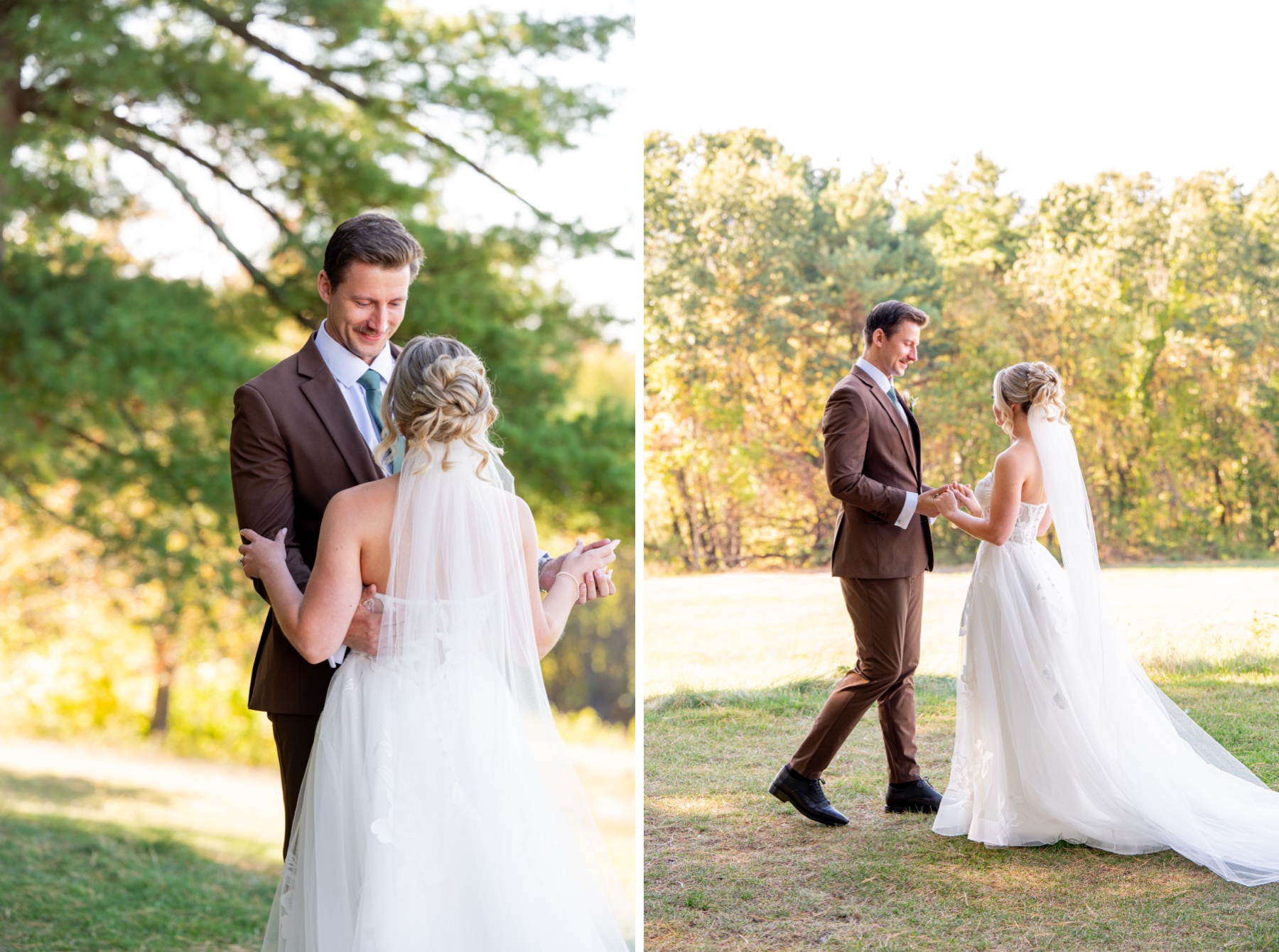 Two photos of bride and grooms first look