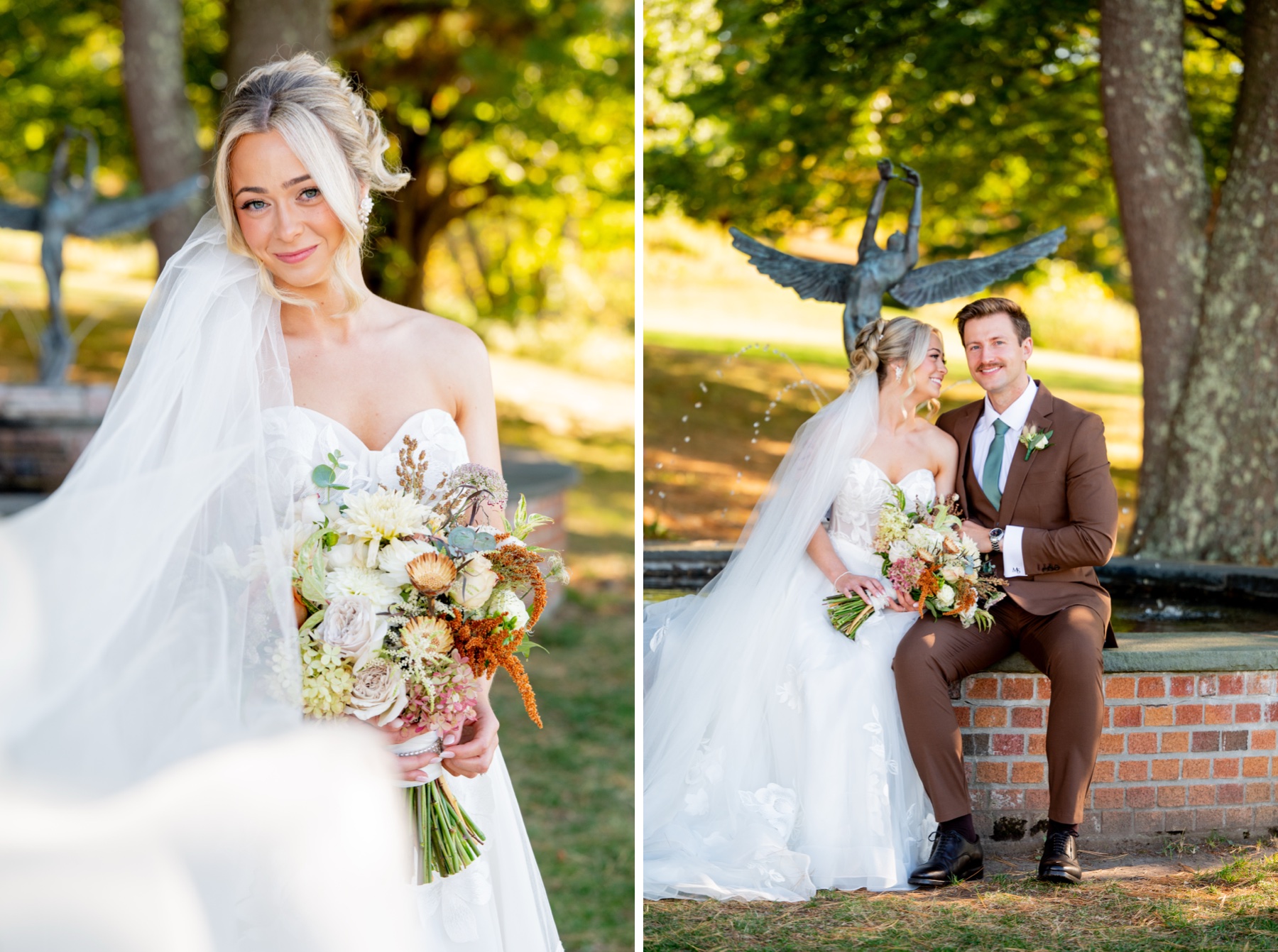 Two photos - one close up of bride holding her bouquet with veil trailing over her shoulder and second with bride and groom sitting on the edge of a fountain