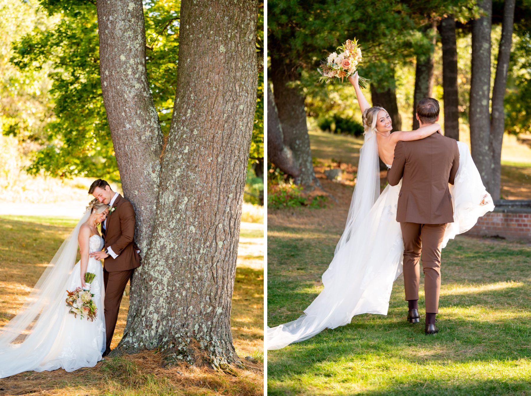 Two photos of bride and groom - one with them leaning on large tree and one with him carrying her through woods