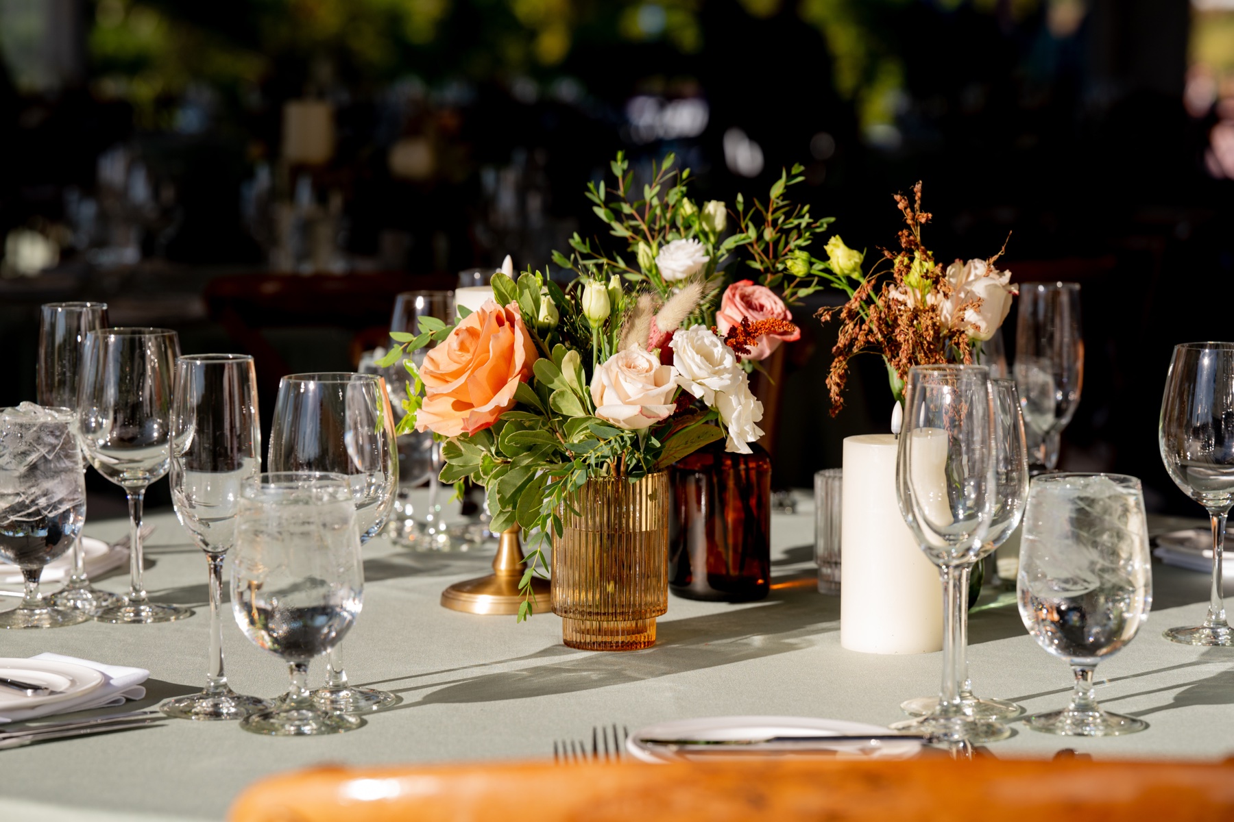 Close up of flower centerpiece on a set table