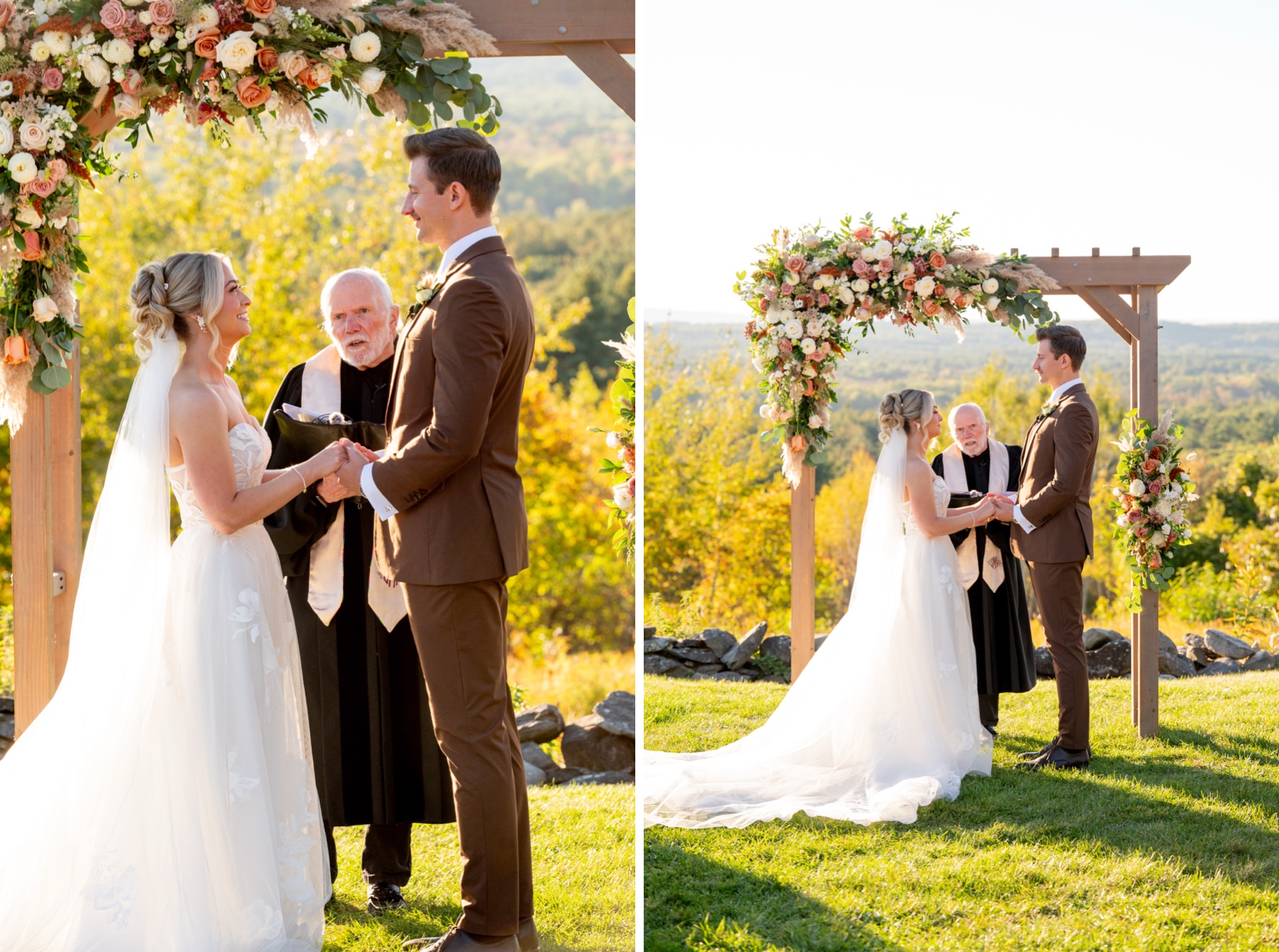 Two photos of bride and groom holding hands at the altar with officiant under wooden arch covered in flowers