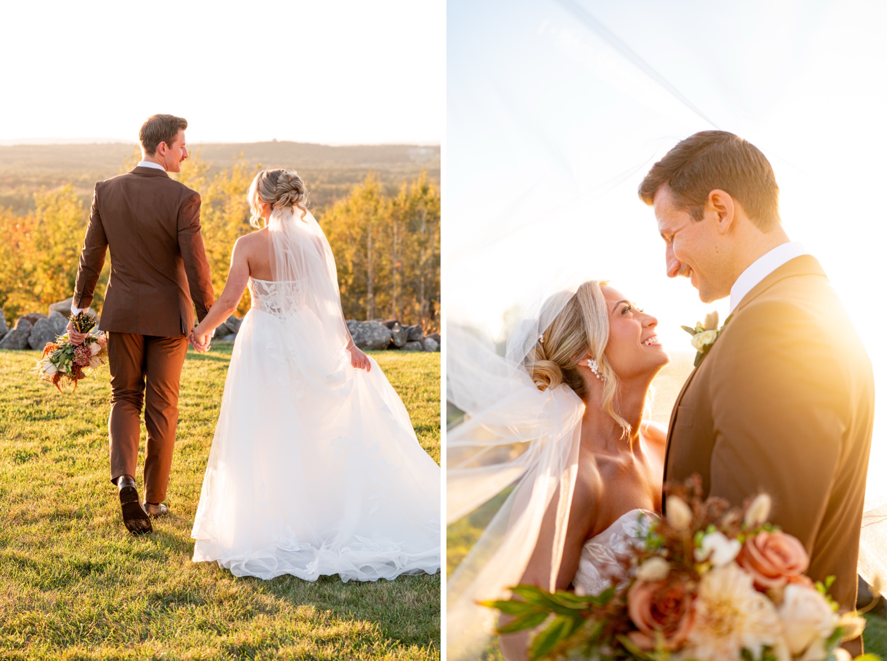 Two photos of bride and groom at sunset - one from behind while they are walking and one close op of them staring into each others eyes